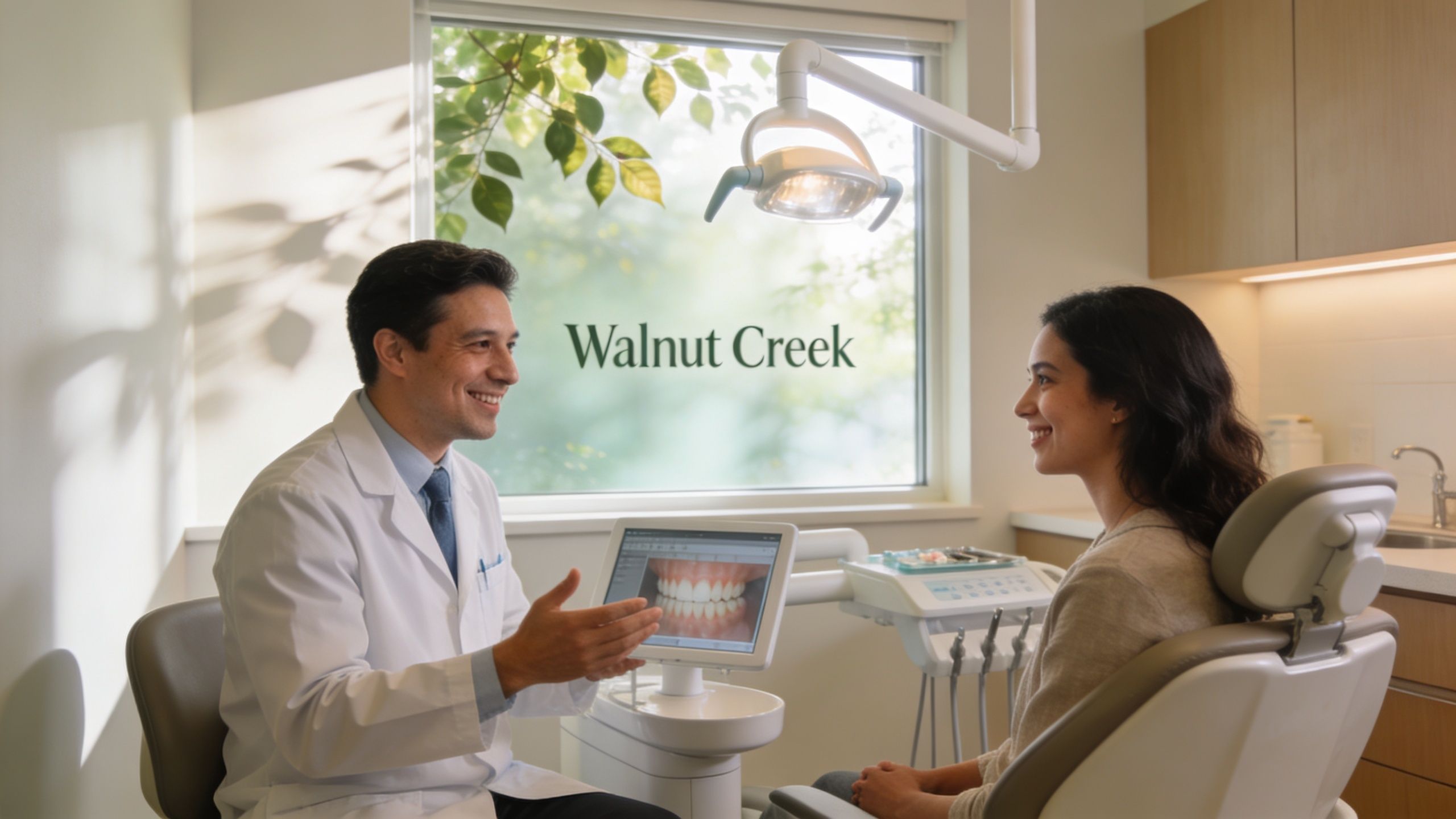 A friendly dentist explaining a digital dental scan to a smiling female patient in a clinical office.