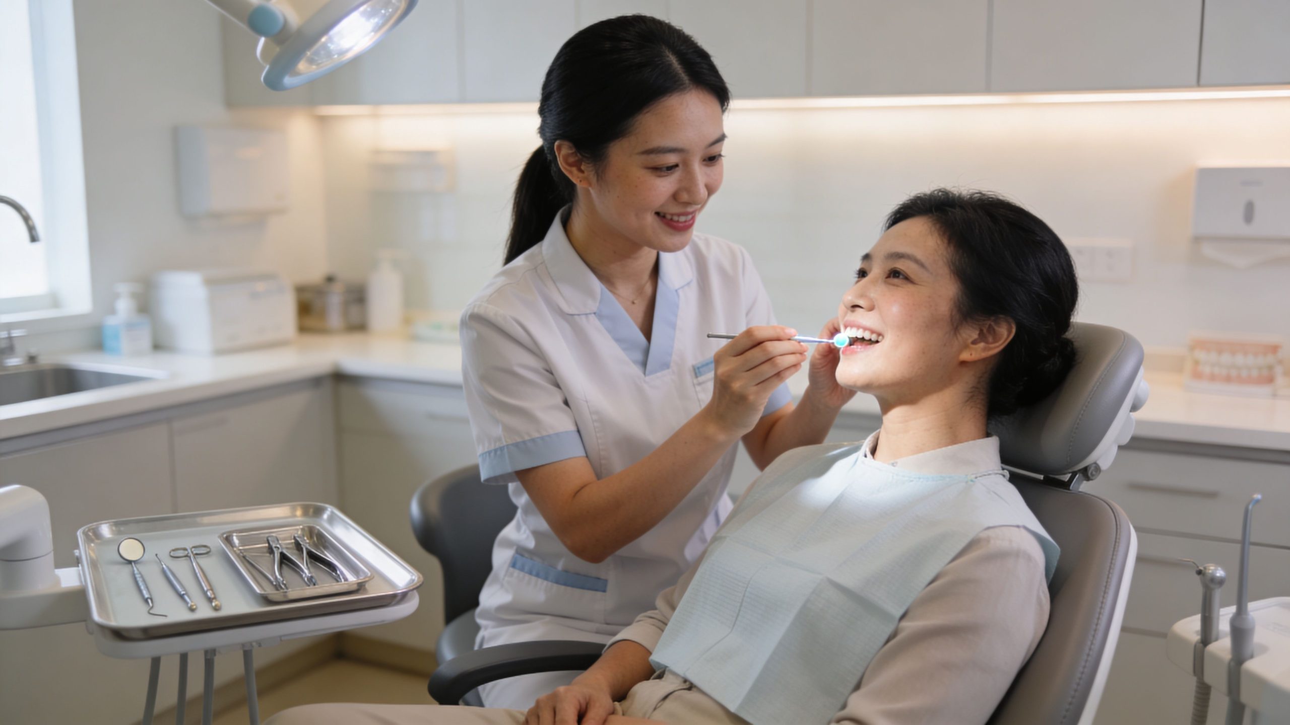 A friendly dentist conducting a dental checkup for a patient at a modern clinical office setting.