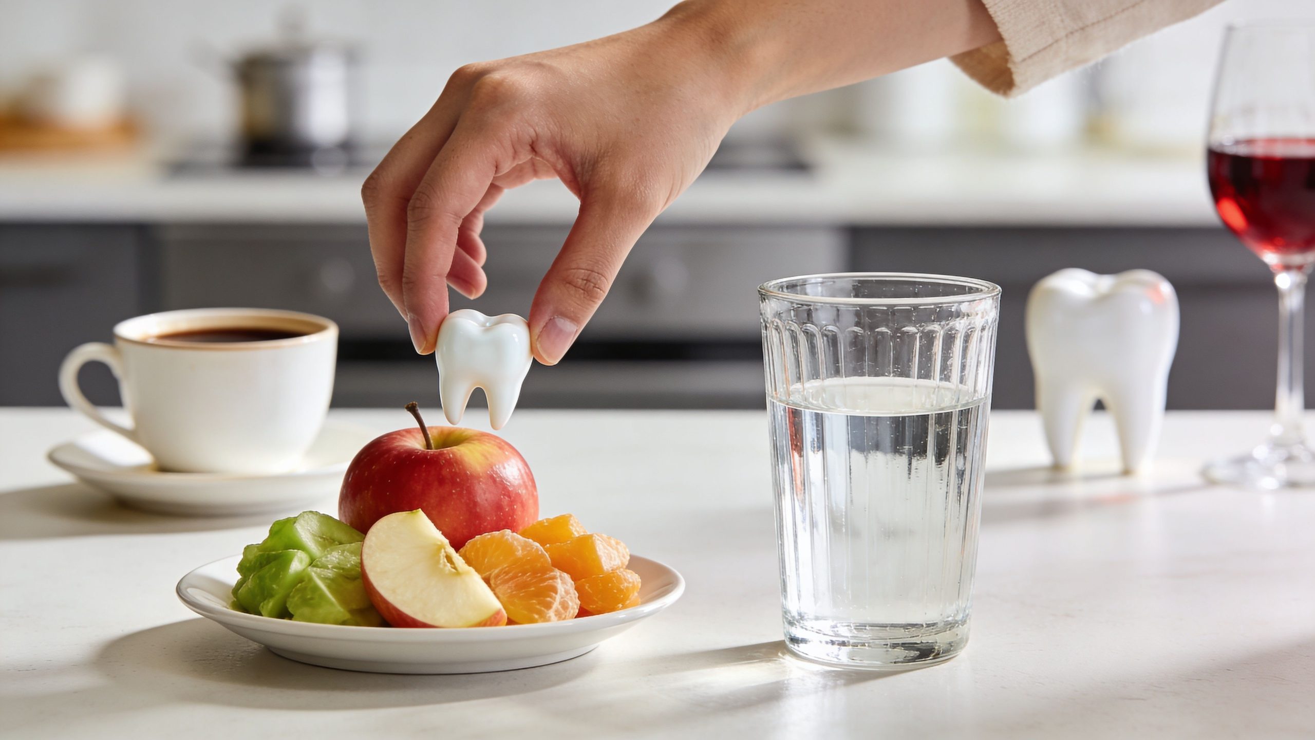 A hand holding a white tooth figurine above a plate of fresh fruit, coffee, and water.