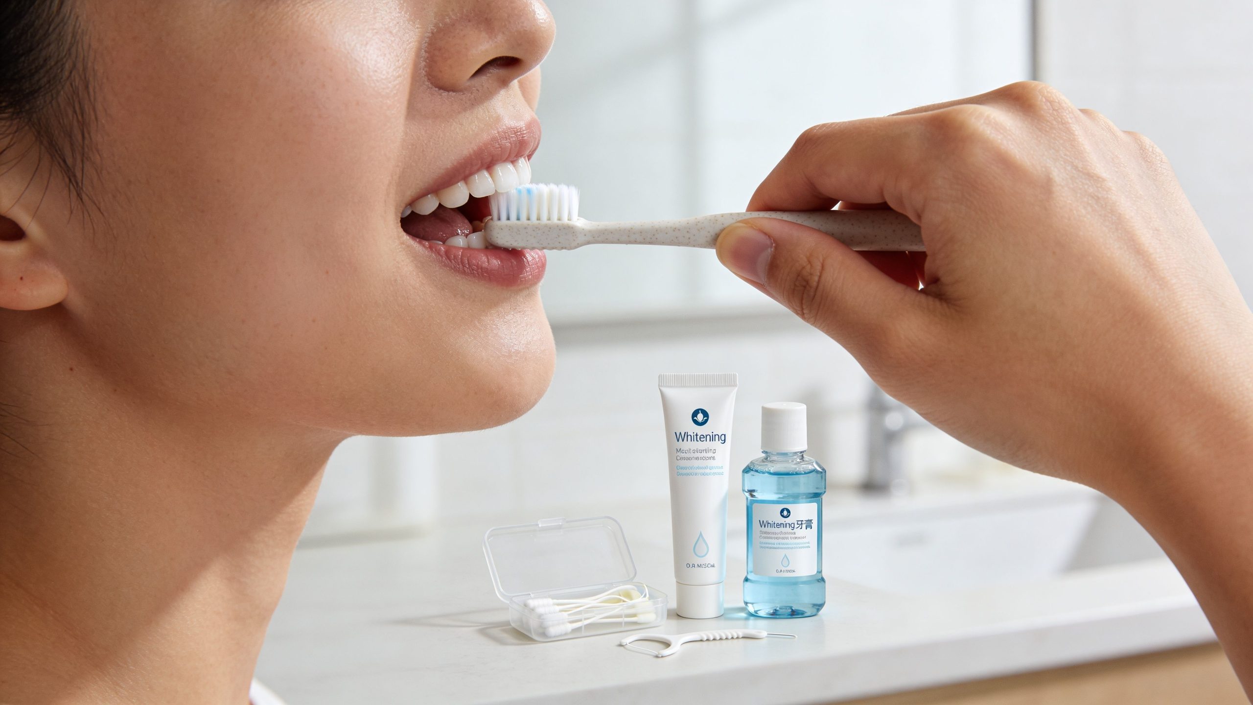 A close-up view of a person brushing their teeth with whitening toothpaste and oral care products nearby.