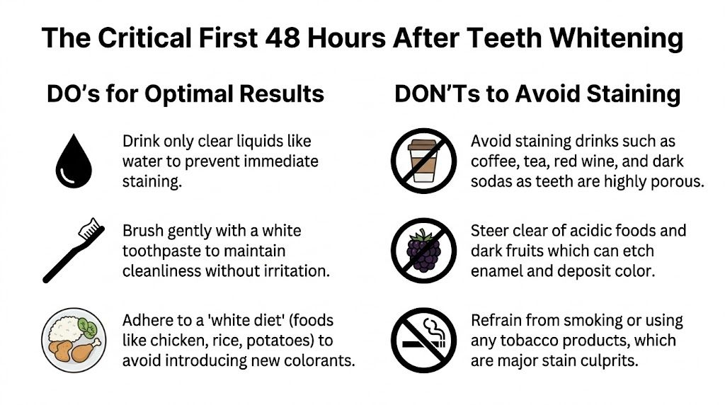 An infographic titled The Critical First 48 Hours After Teeth Whitening, listing food and drink tips for care.