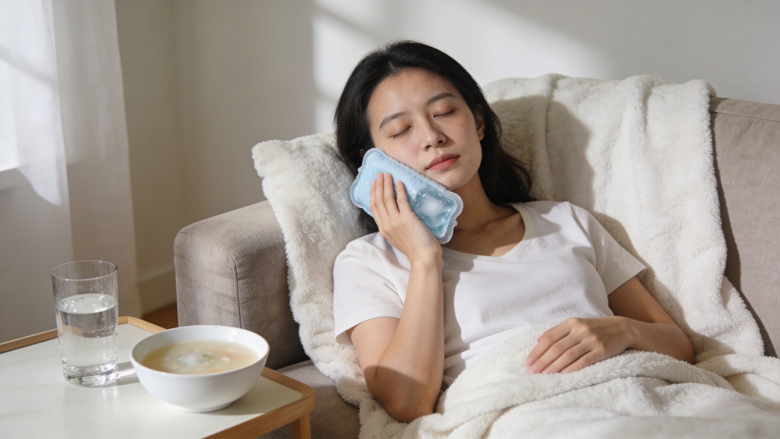 A woman resting on a sofa with an ice pack held against her cheek after dental surgery.