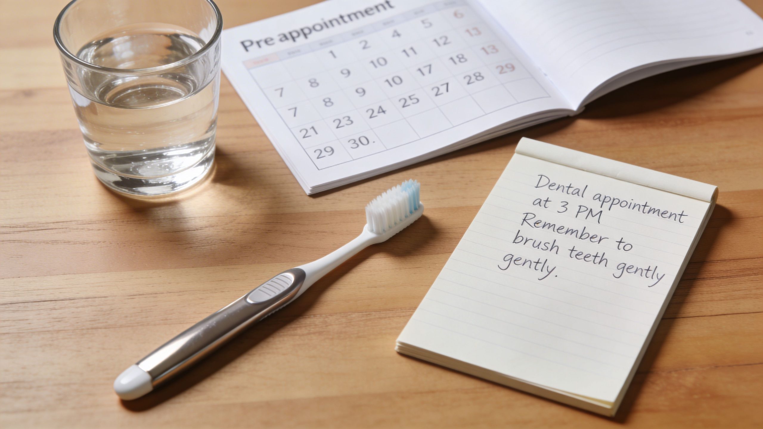 A glass of water, a toothbrush, and a notepad with a dental appointment reminder on a table.