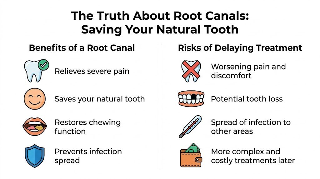 An infographic comparing the benefits of root canal treatment versus the risks of delaying dental procedures.