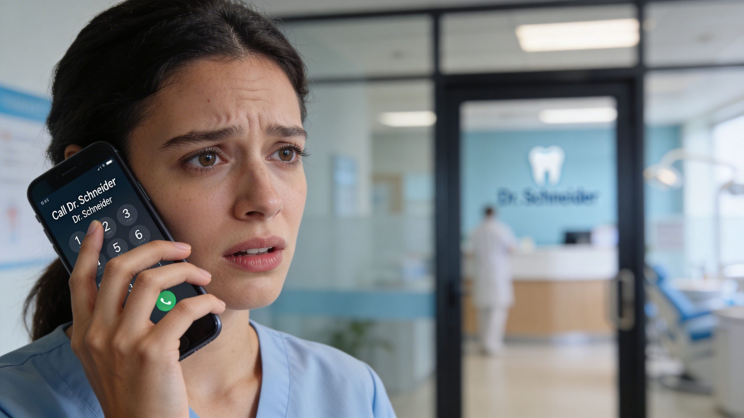 A concerned patient holding a smartphone to her ear in a dental office calling Dr. Schneider.