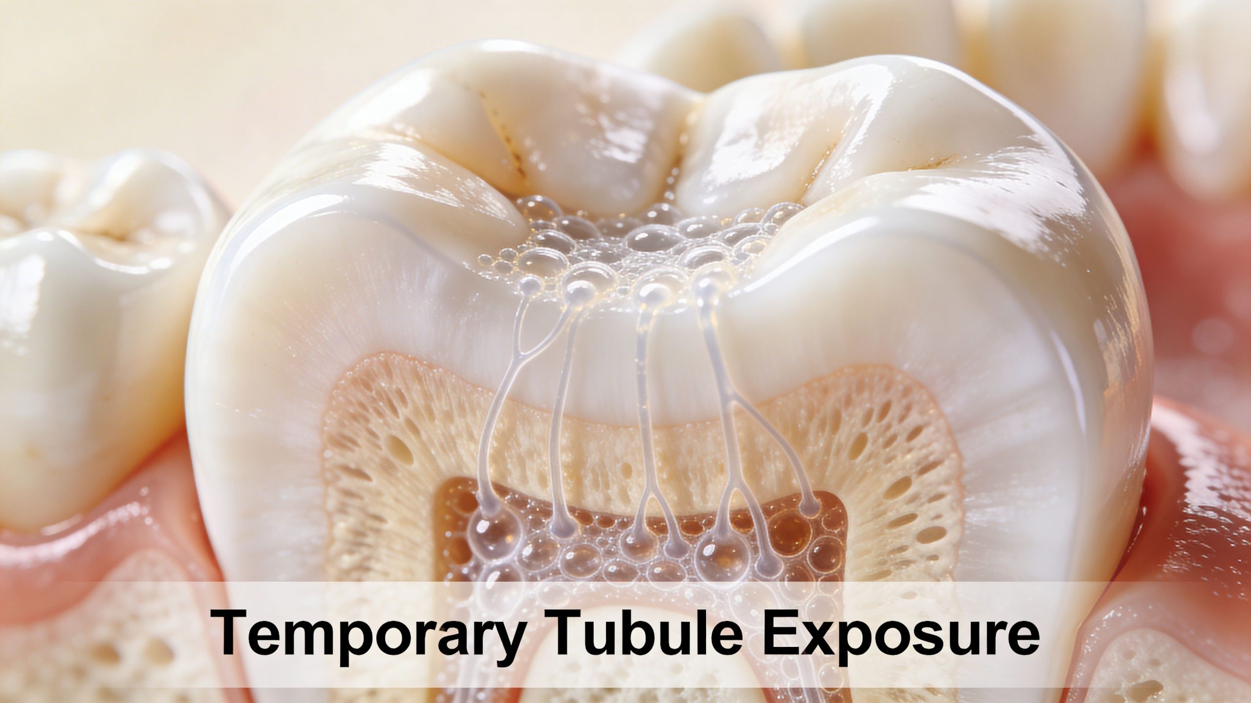 A cross-section illustration of a human tooth highlighting dental tubule exposure after a whitening treatment procedure.