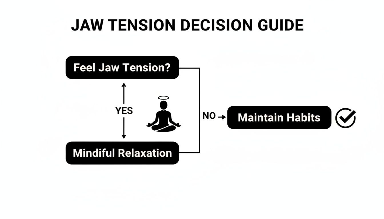 A flowchart titled 'Jaw Tension Decision Guide' for managing jaw tension through mindful relaxation.