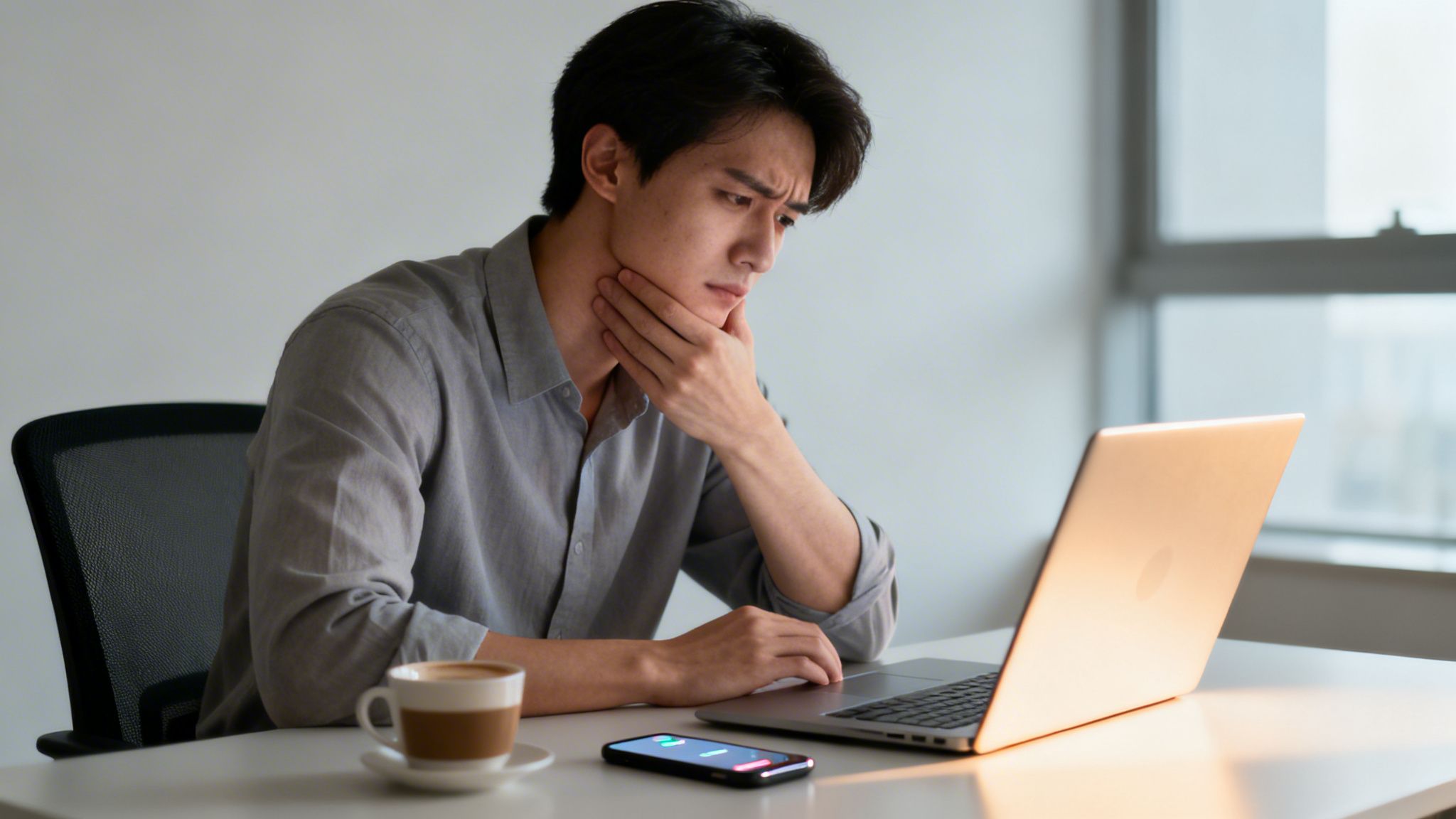 A young Asian man sits at a desk, looking worriedly at his laptop screen.
