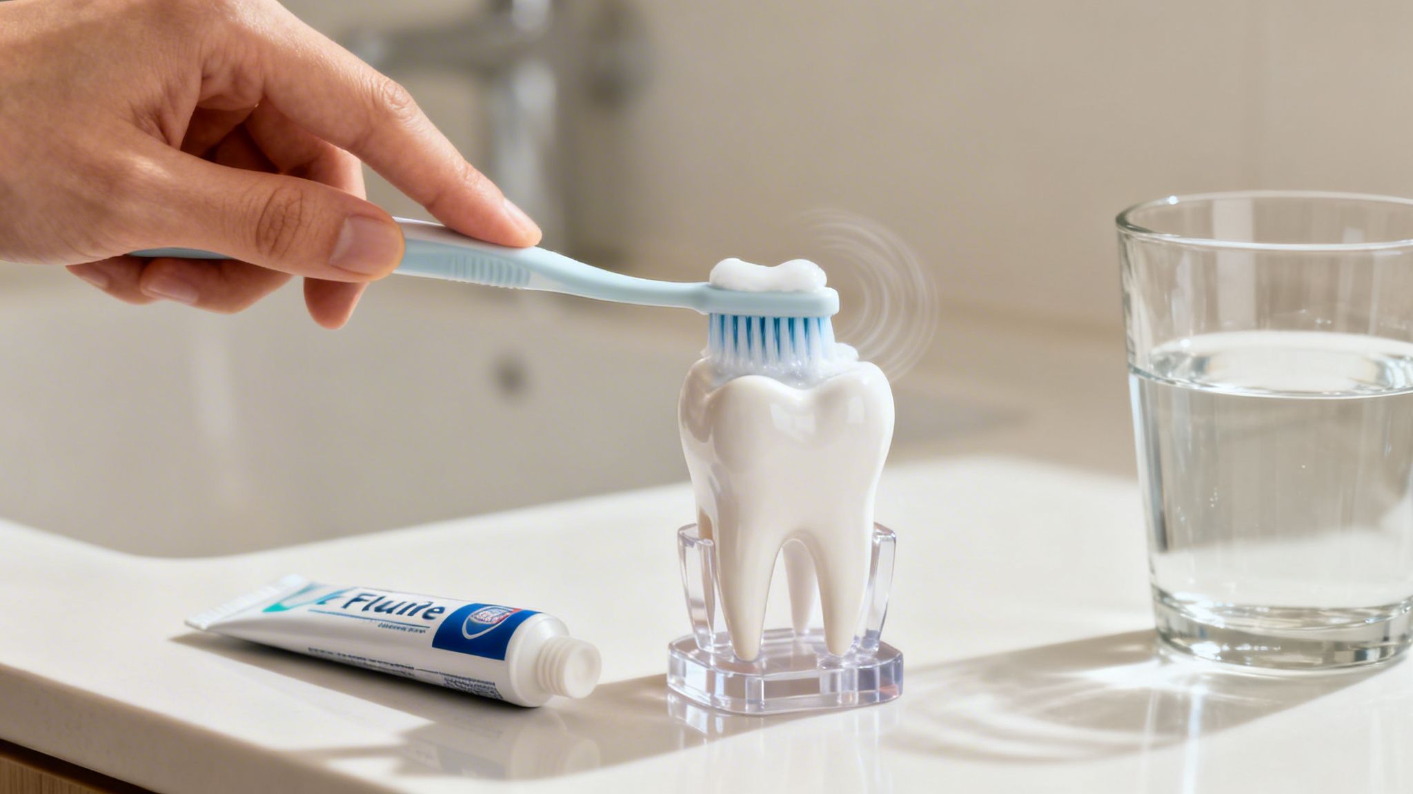 A hand brushes a large tooth model with toothpaste and a blue toothbrush in a bathroom.