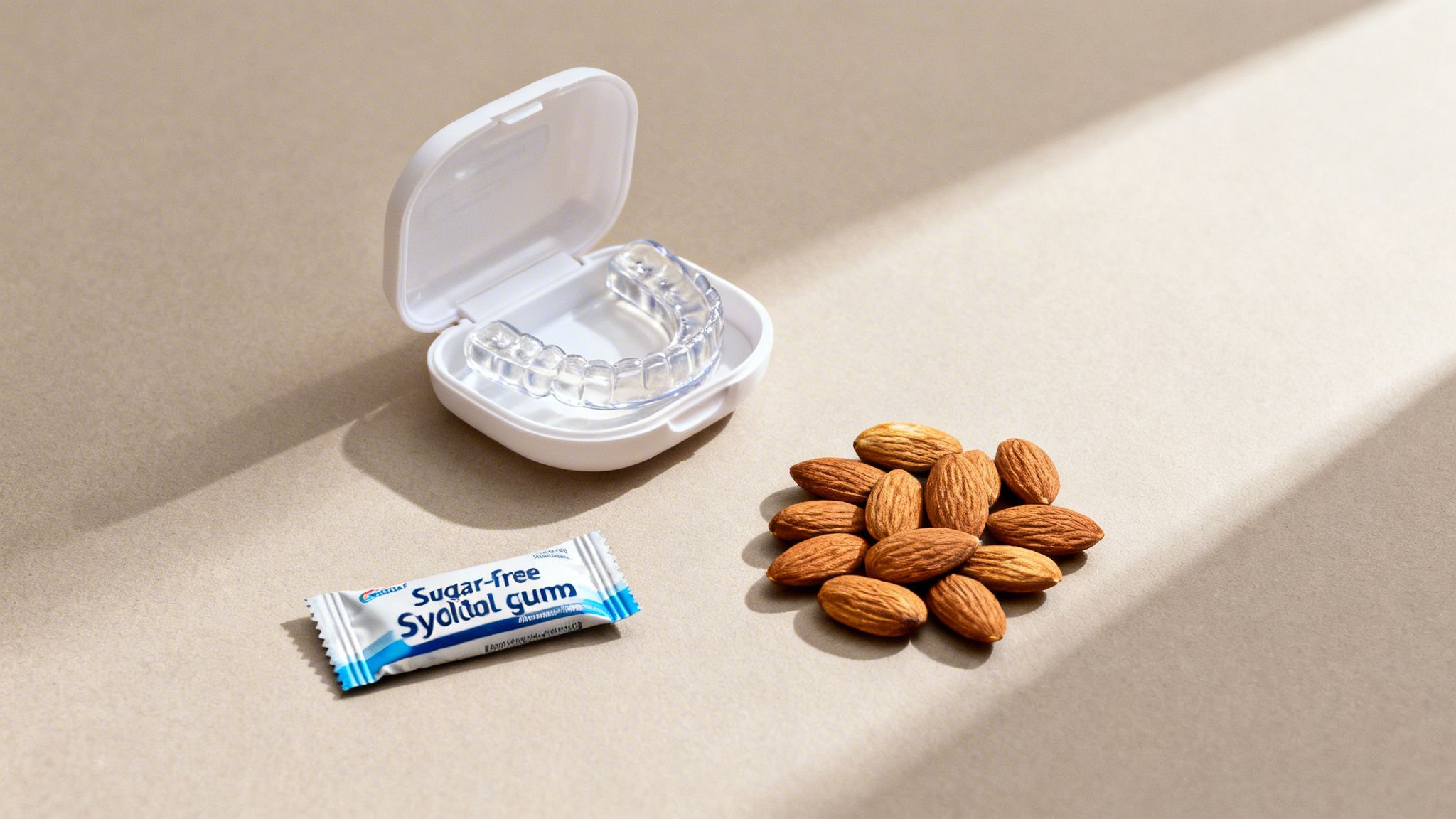 A clear dental retainer in an open white case, sugar-free gum, and a pile of almonds.