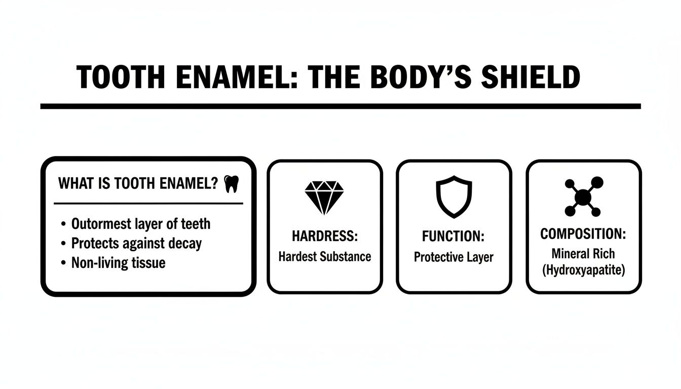 Infographic detailing tooth enamel's properties: outermost layer, hardest substance, protective, mineral rich.
