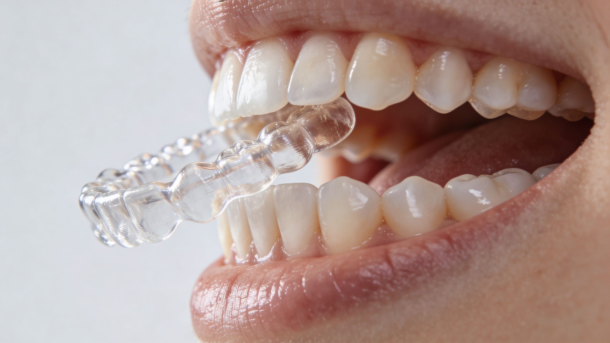 A person placing a clear plastic aligner tray onto their lower teeth for orthodontic treatment.