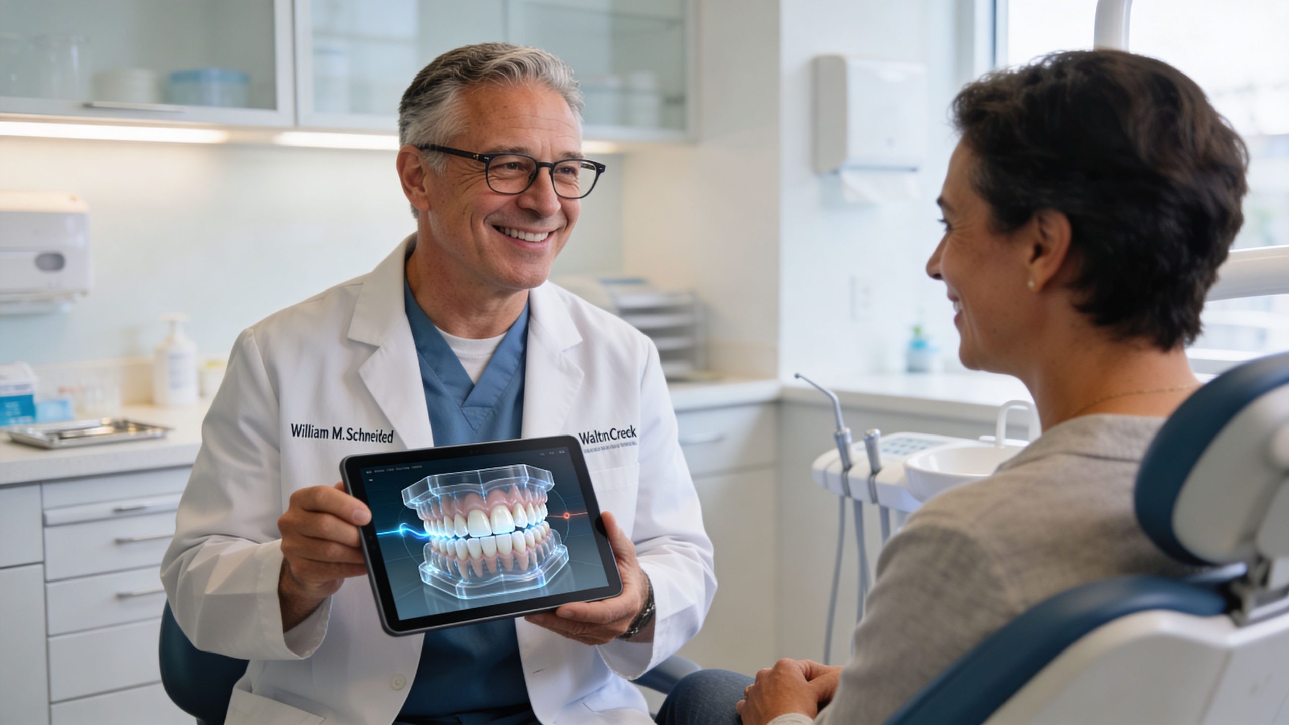 A friendly dentist showing a 3D digital teeth model on a tablet to a female patient.