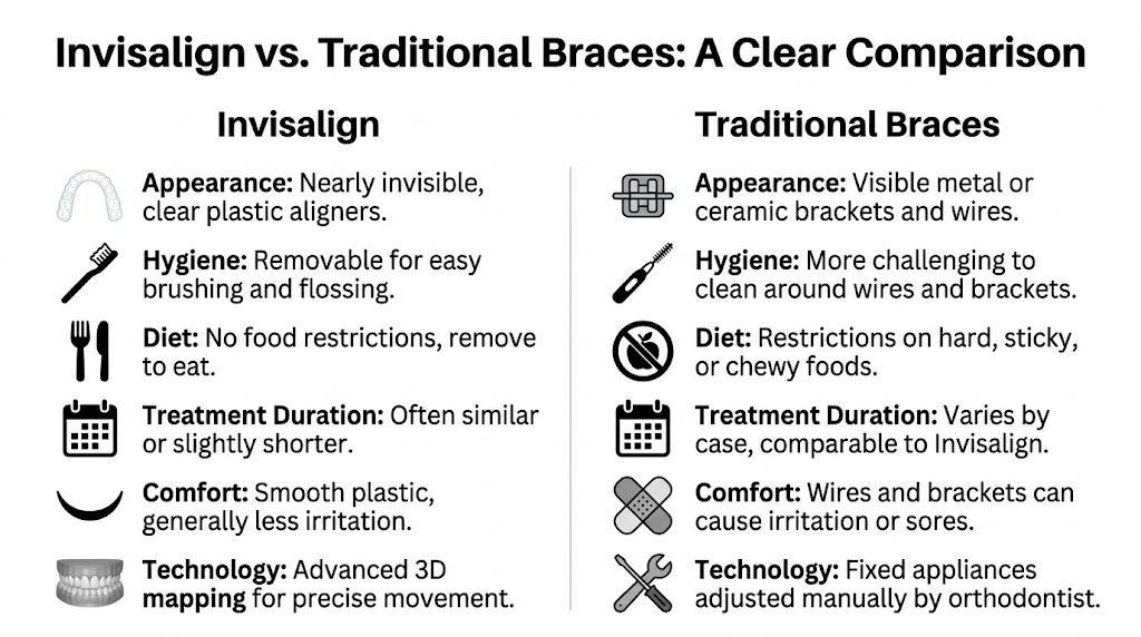 A comparison chart outlining the pros and cons of Invisalign clear aligners versus traditional metal braces.
