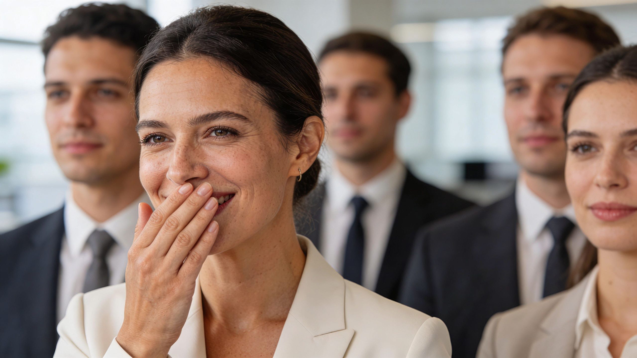 A professional team of smiling business people standing together in a bright, modern office environment.
