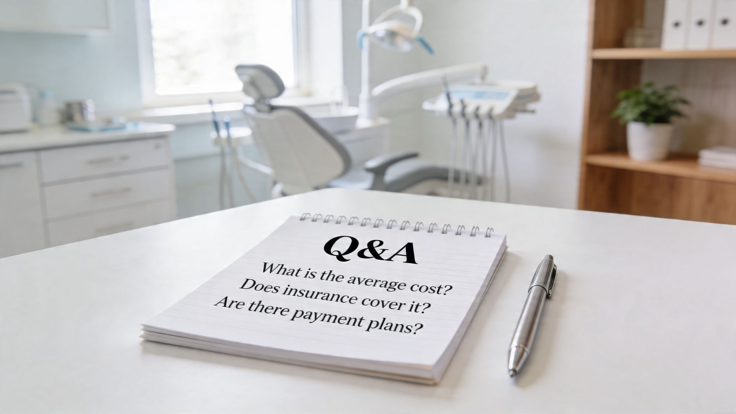 A notepad on a dental office desk featuring a list of frequently asked financial questions for patients.