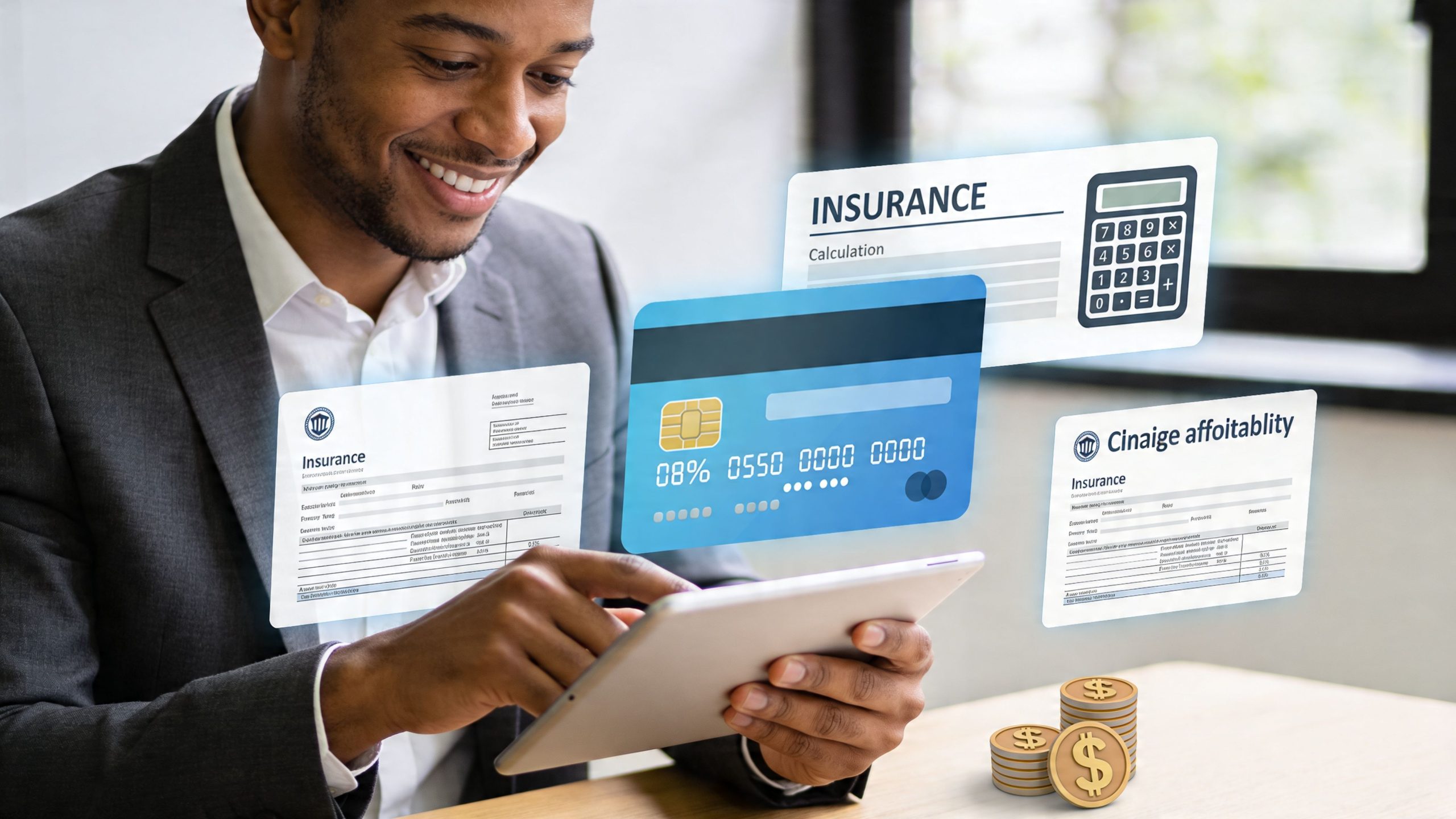 A smiling man using a tablet with digital insurance overlays, credit cards, and coin stacks on his desk.