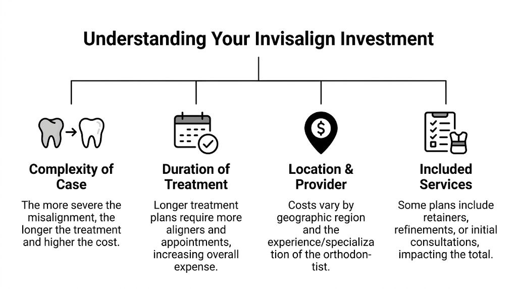 A diagram outlining the four primary factors that influence the total cost of Invisalign orthodontic treatment.