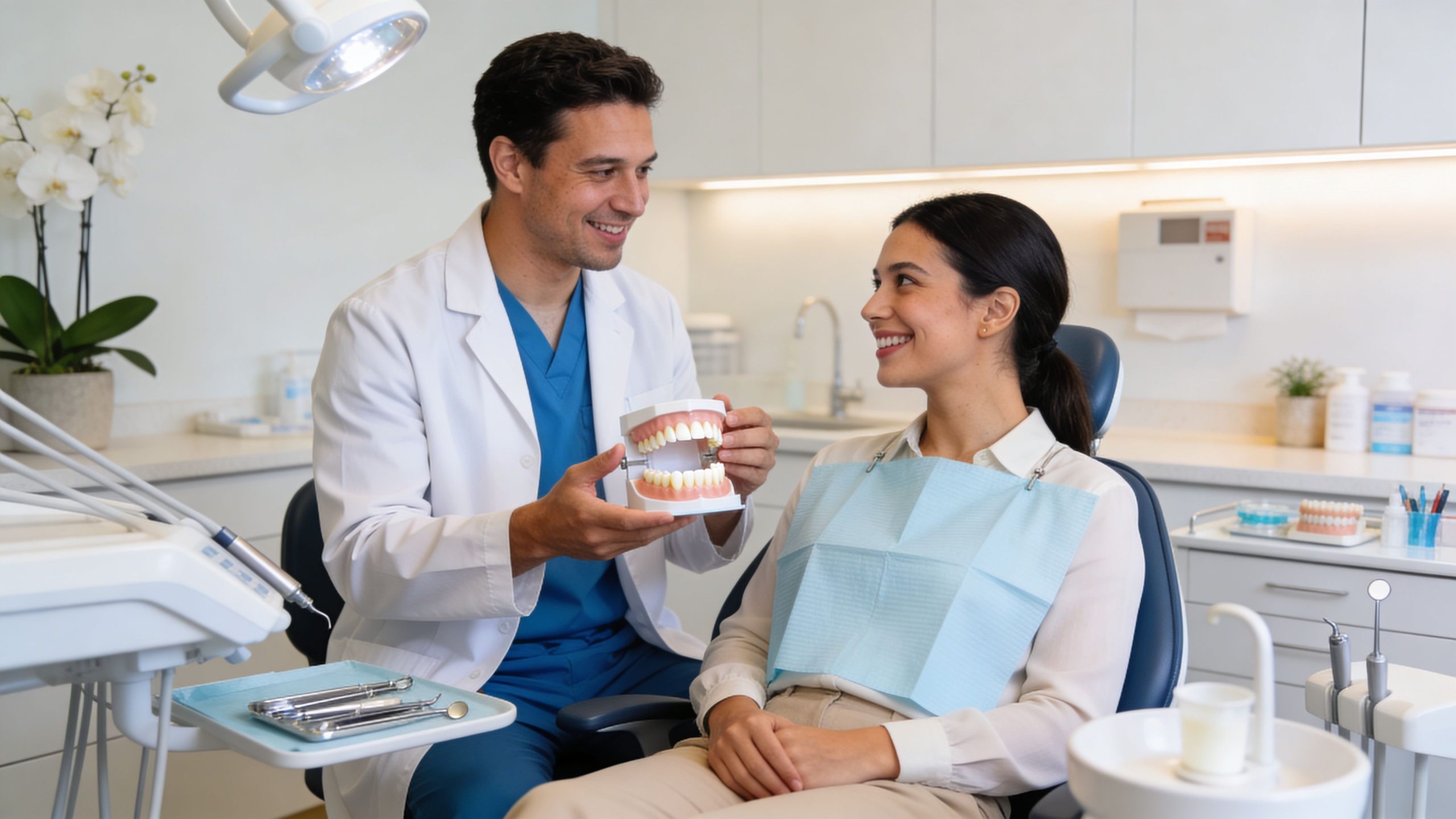 A friendly male dentist explaining dental treatment options using a model of teeth to a smiling patient.