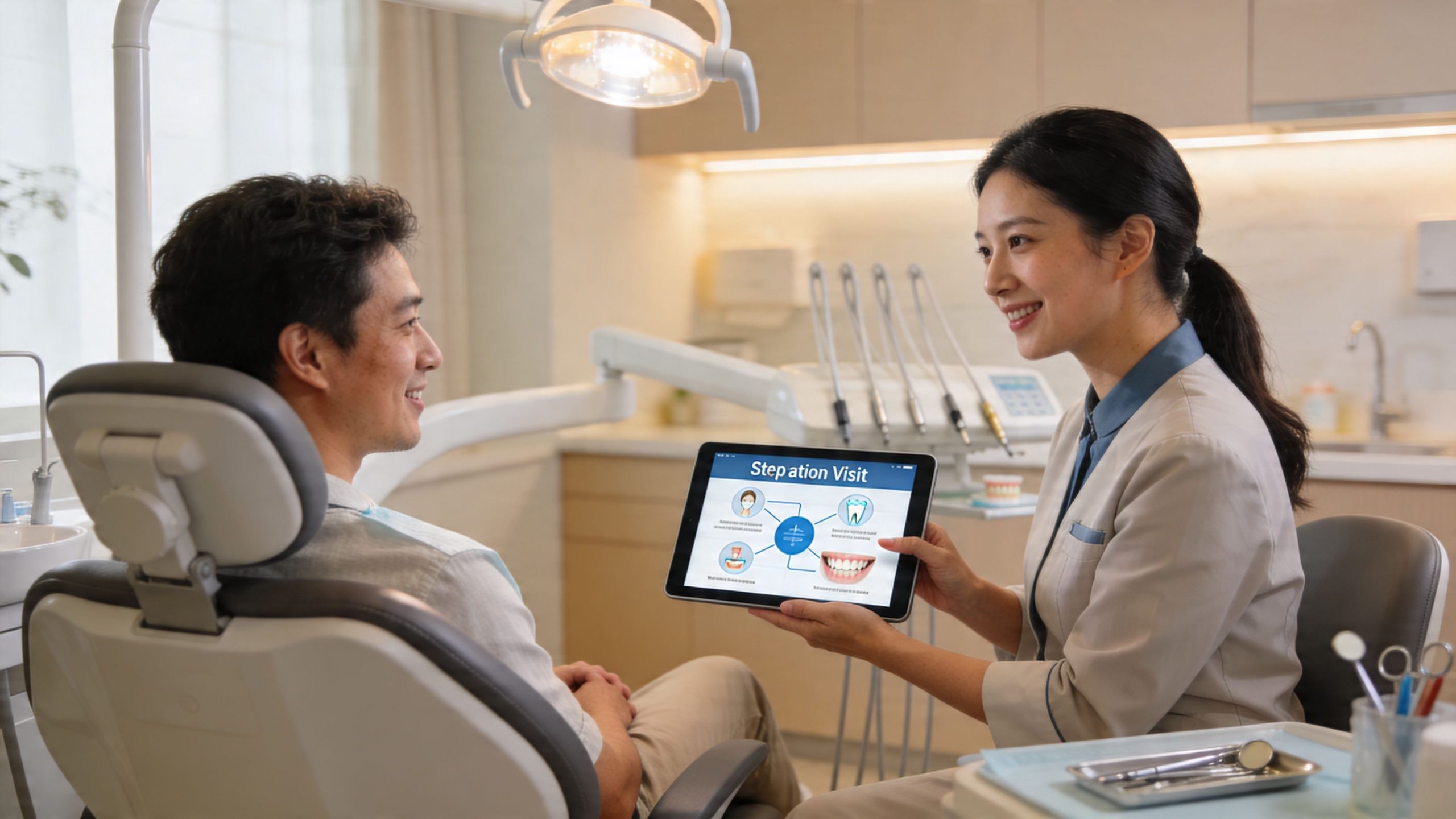 A friendly dentist explains a sedation dentistry treatment plan to a patient using a digital tablet.