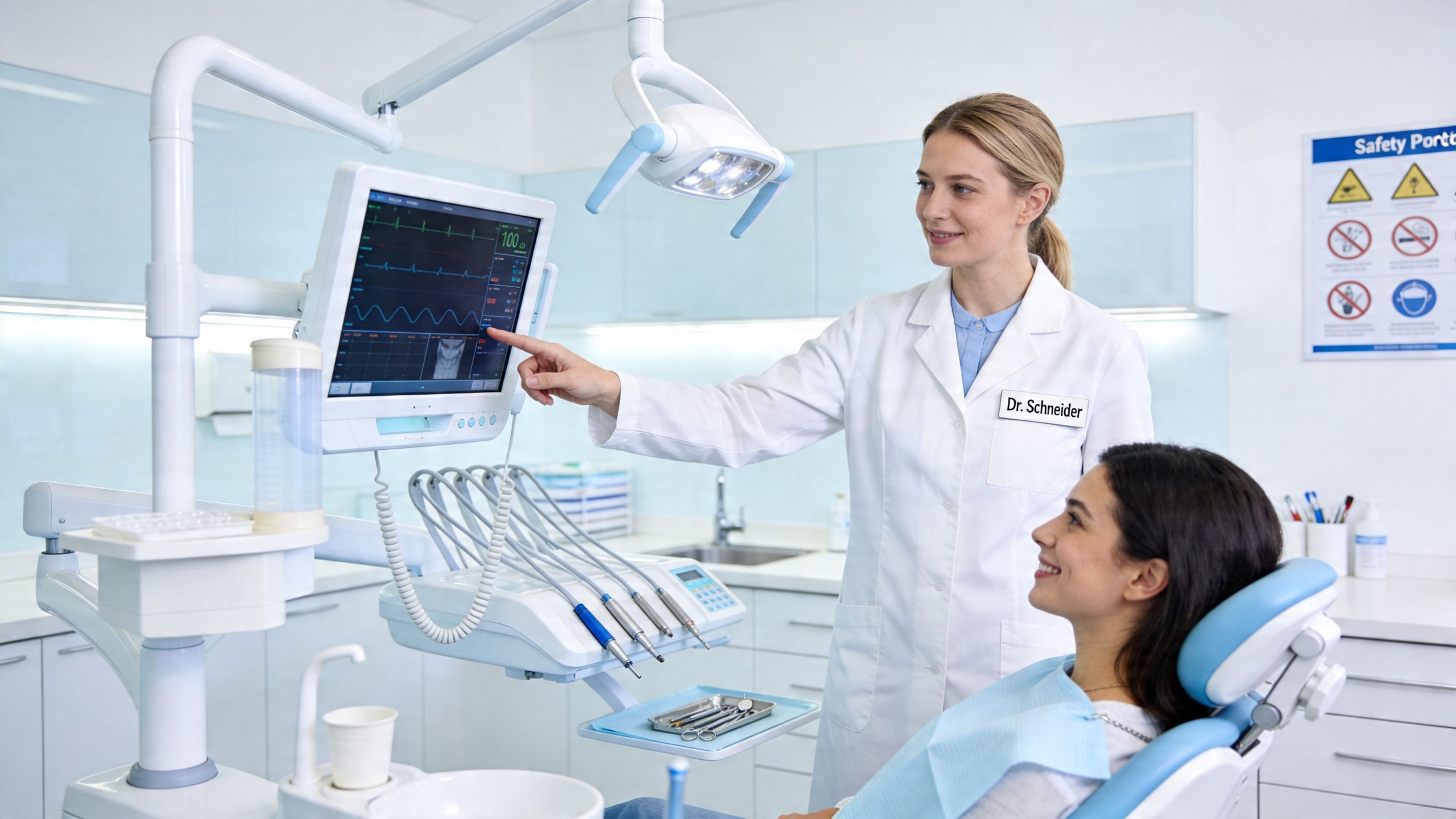 A female dentist smiling and pointing at a medical monitor for her patient in a dental office.