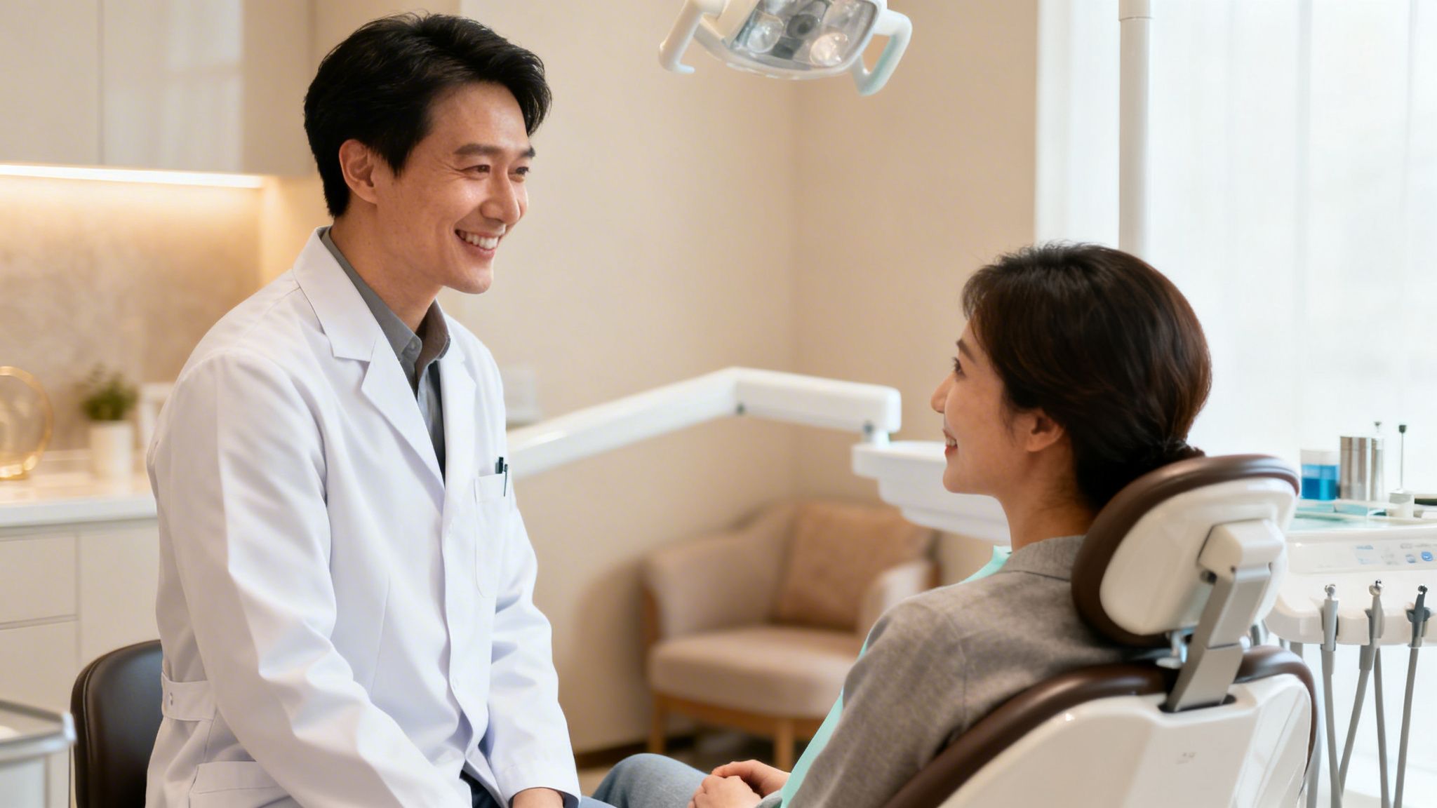 A smiling male dentist consults with a female patient in a modern dental clinic.