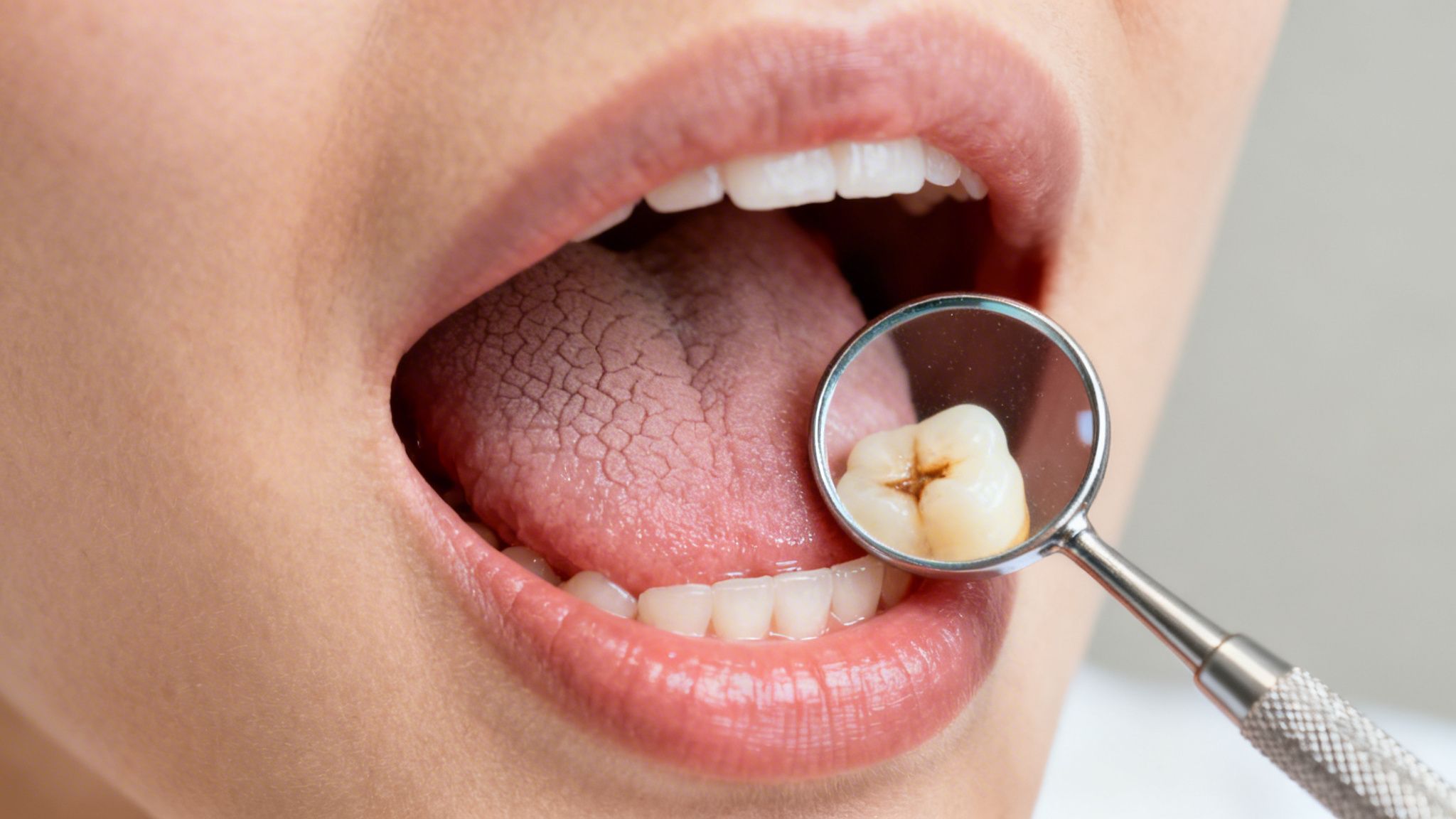 Close-up of an open mouth with a dental mirror reflecting a molar with a visible cavity.