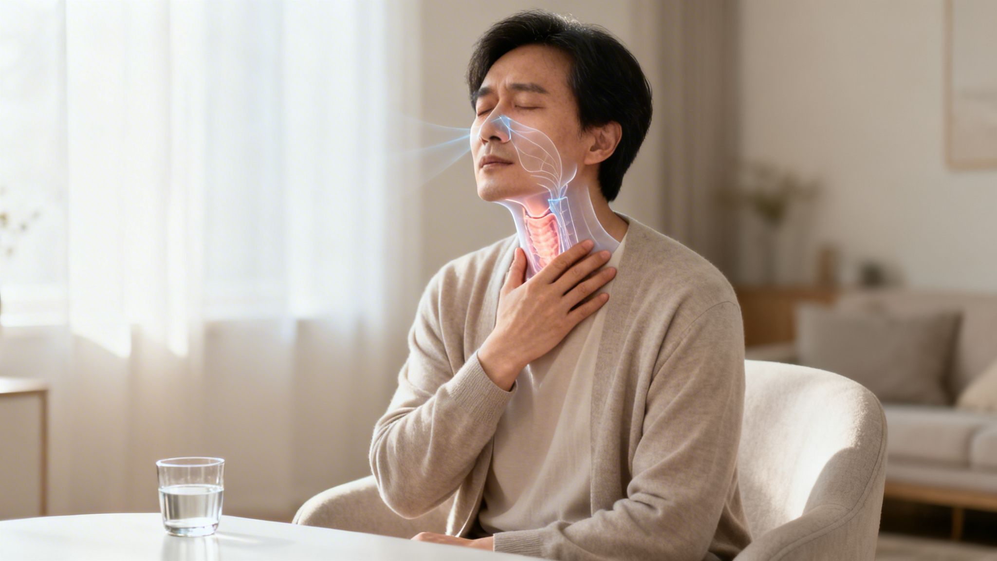 A man with closed eyes holds his throat, experiencing pain, with an illustration of his respiratory system.