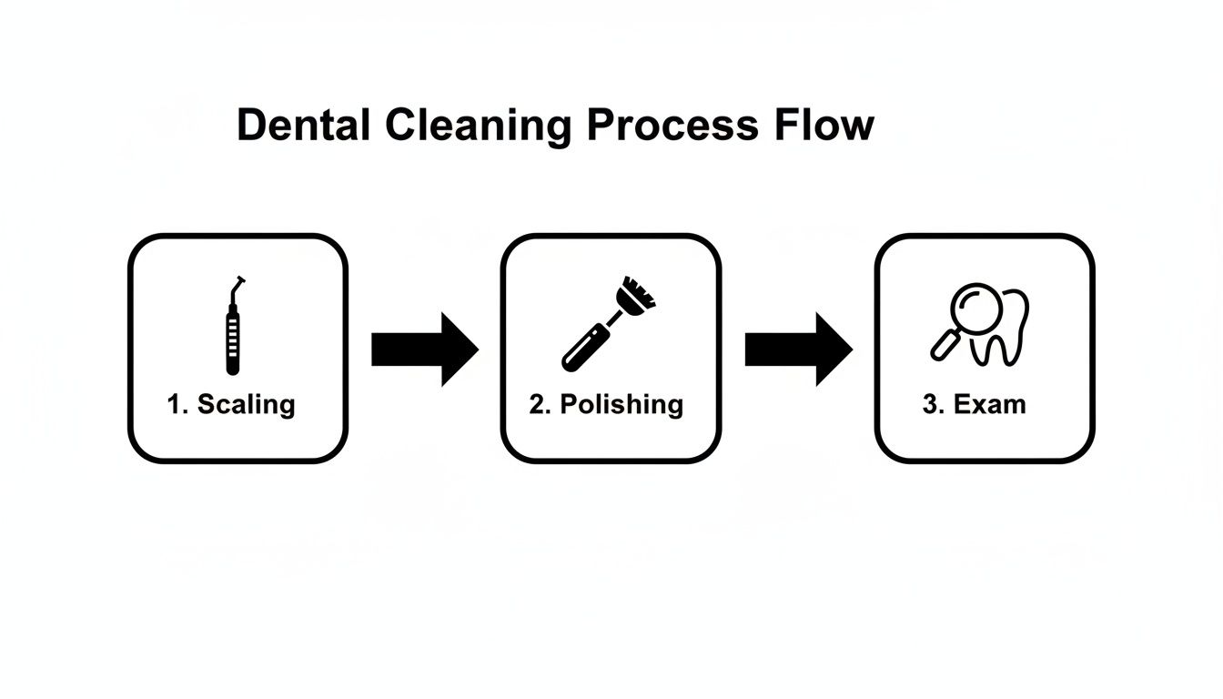 A flowchart illustrating the three steps of a dental cleaning process: Scaling, Polishing, and Exam.