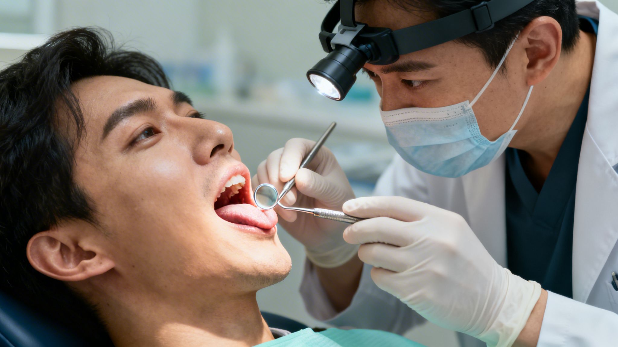 A male dentist wearing a headlamp and mask examines a patient's open mouth with dental tools.