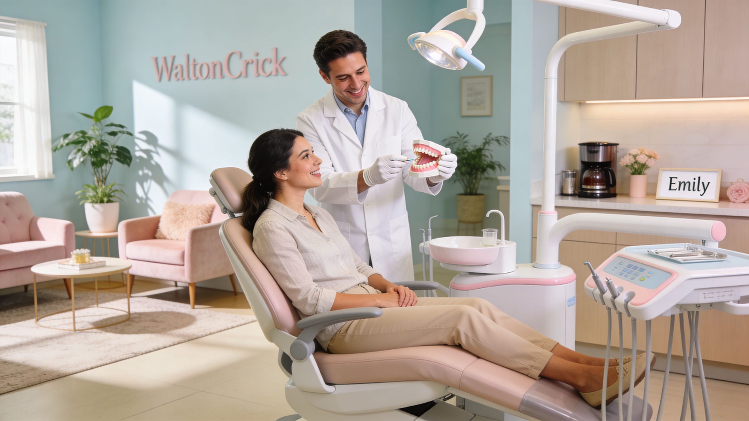 A friendly dentist explaining oral hygiene to a female patient using a dental model in a clinic.