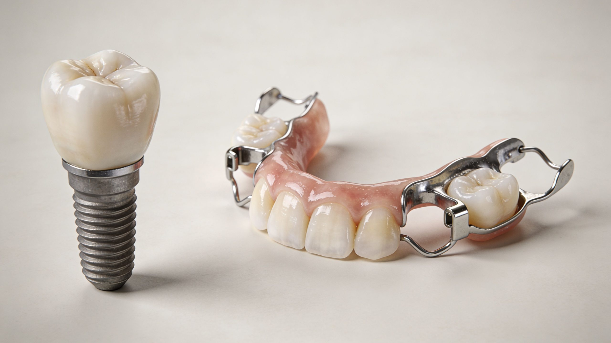 A close-up view of a dental implant alongside a removable partial denture with metal clasps.