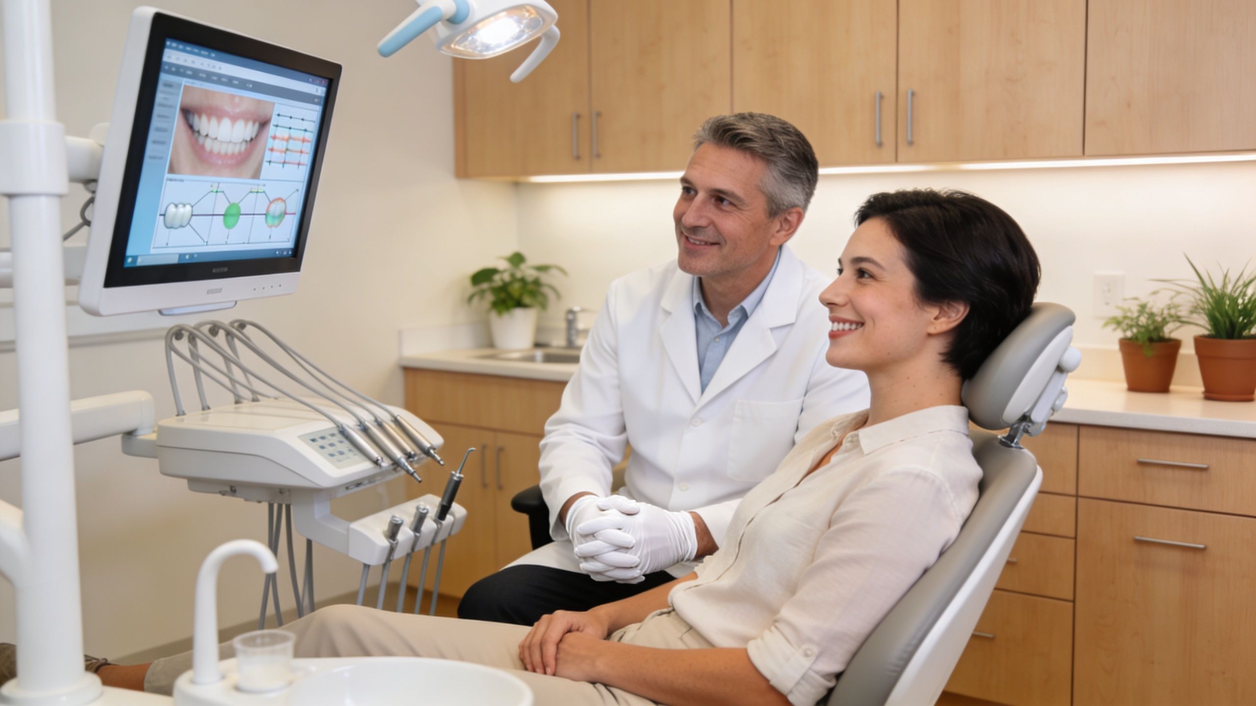 A friendly dentist explaining a digital dental restoration plan to a smiling female patient in the clinic.