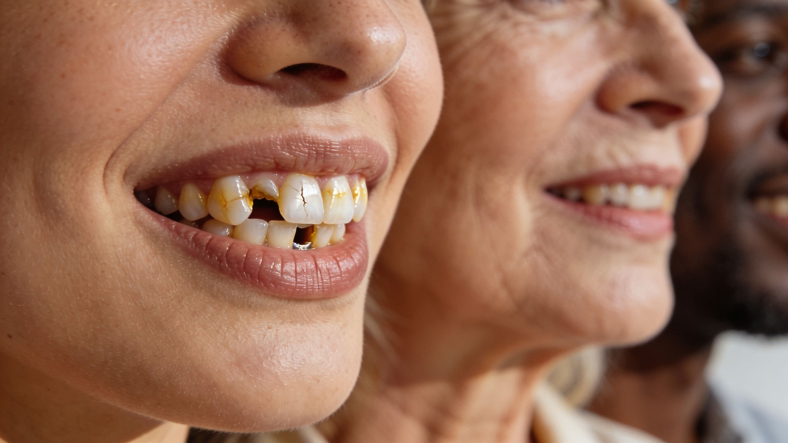Close up of a woman showing dental decay and tooth damage, with other people smiling in the background.