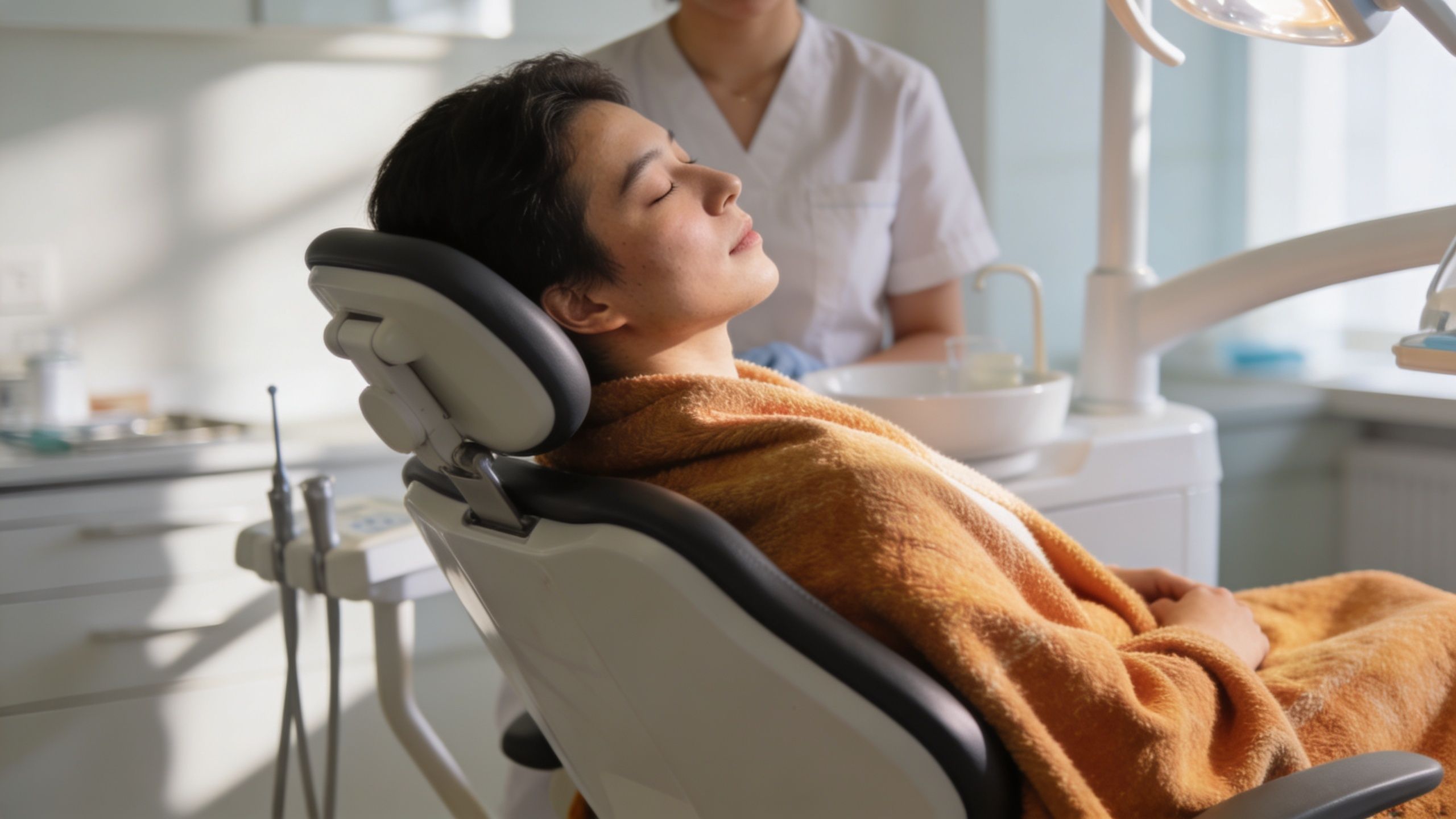A relaxed patient sitting in a dentist's chair while preparing for a full mouth restoration procedure.