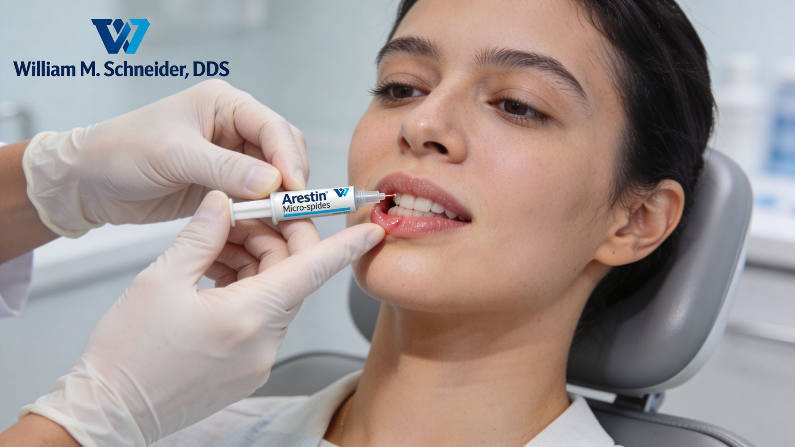 A dentist wearing gloves applies Arestin treatment to a patient's gums during a professional dental checkup.