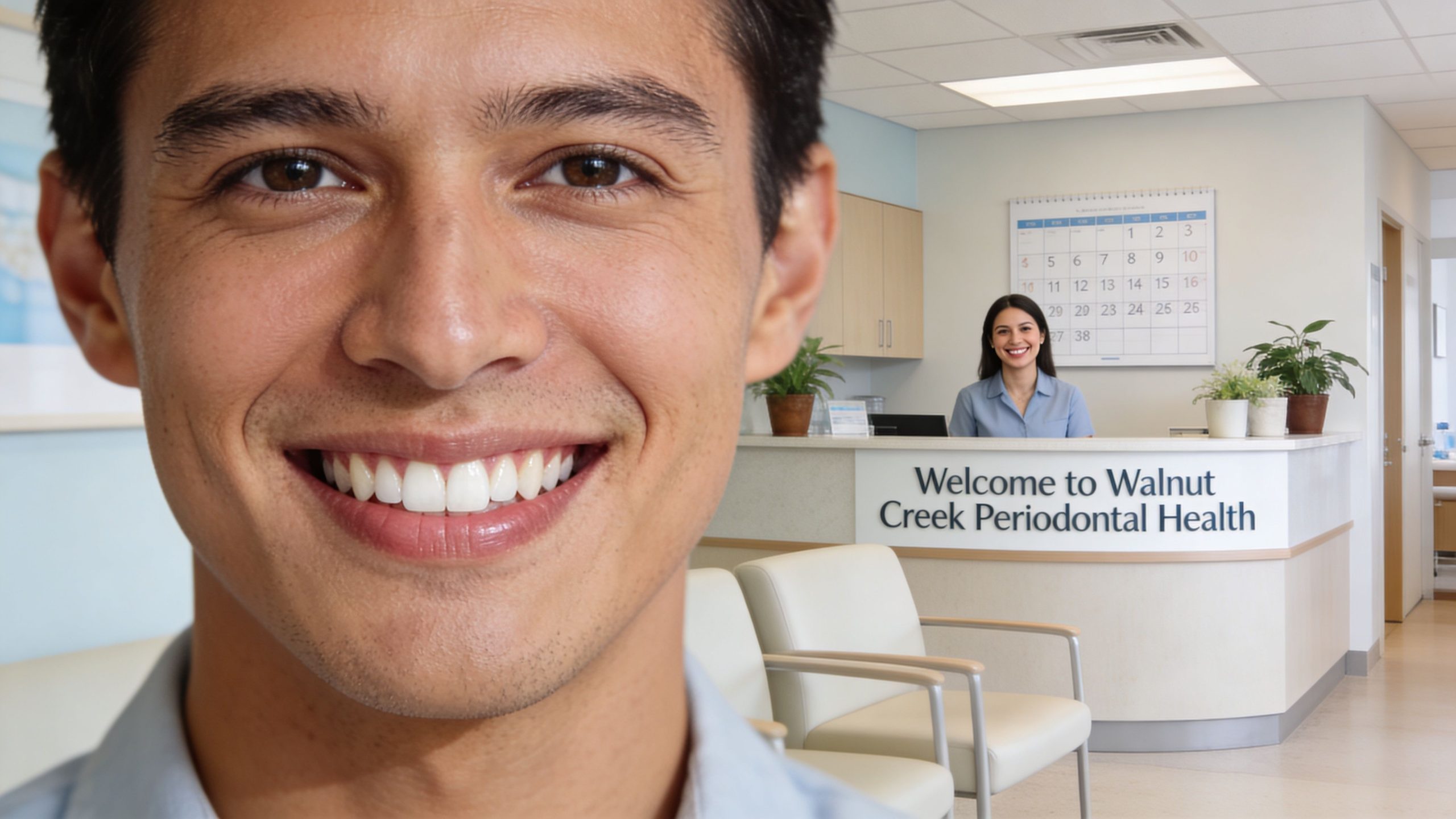 A close-up of a smiling man in the foreground with a dental office reception area behind him.