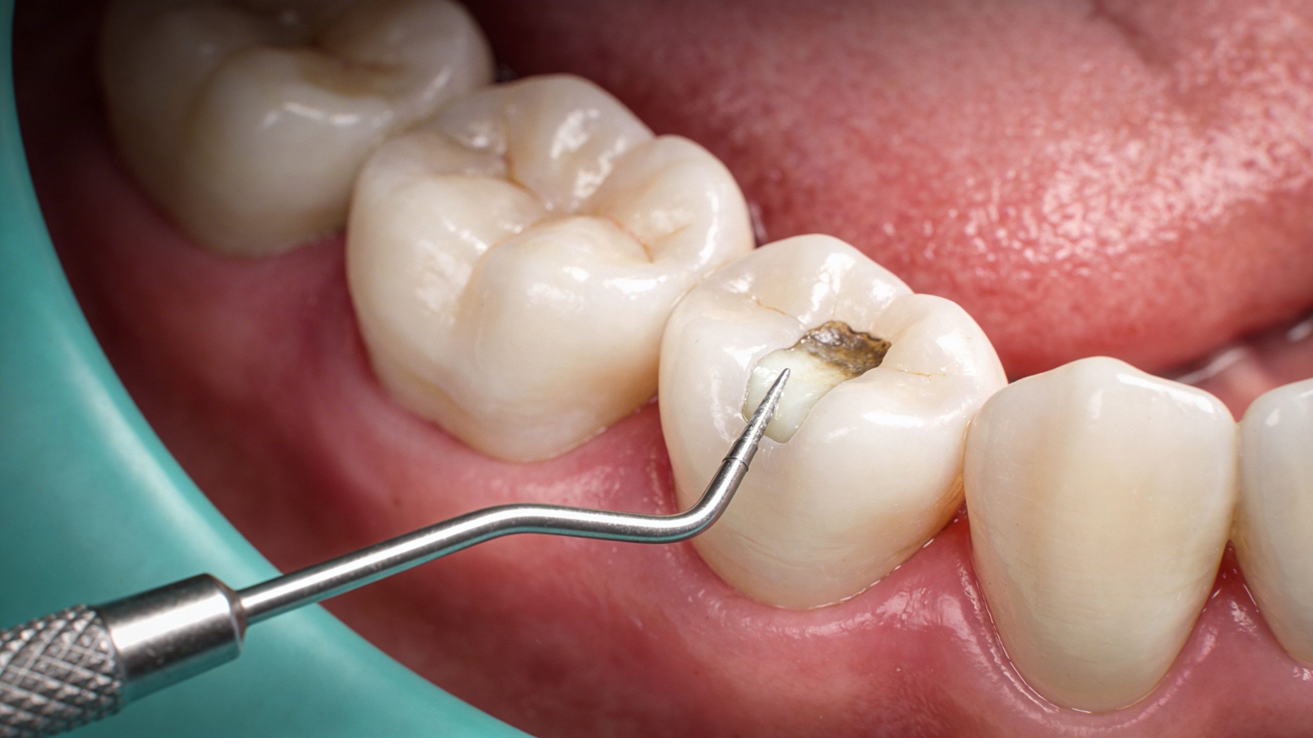 A close-up view of a dental professional using an explorer tool to examine a cavity on a tooth.