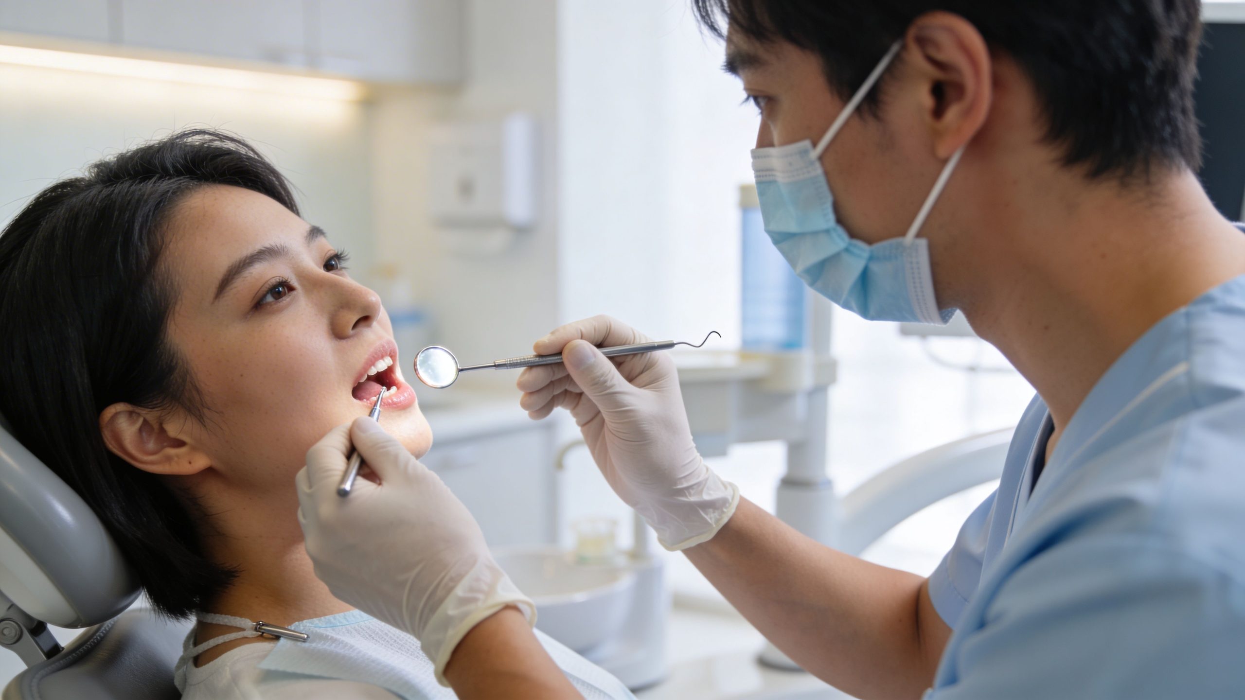 A professional dentist wearing a face mask and gloves performing an oral examination on a female patient.