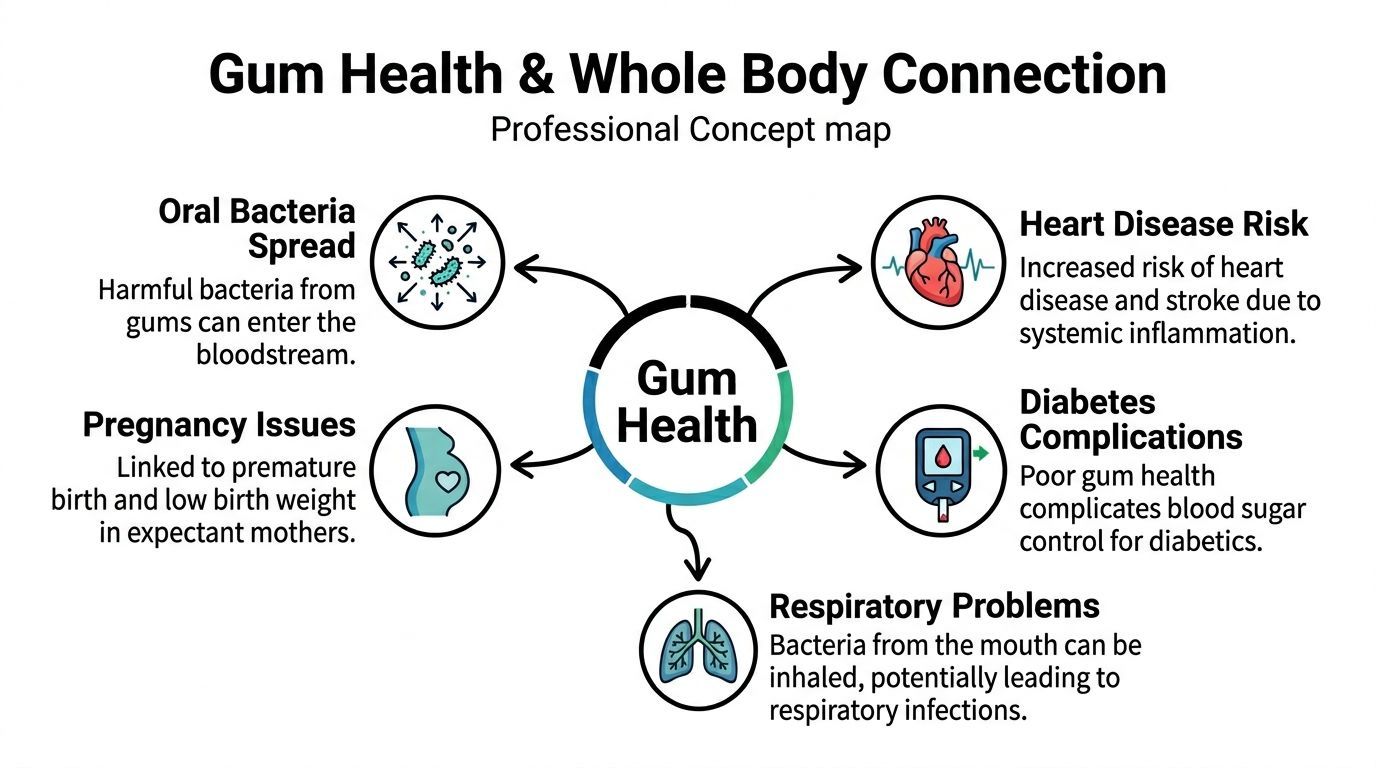 A professional concept map illustrating the various connections between gum health and overall systemic body health.
