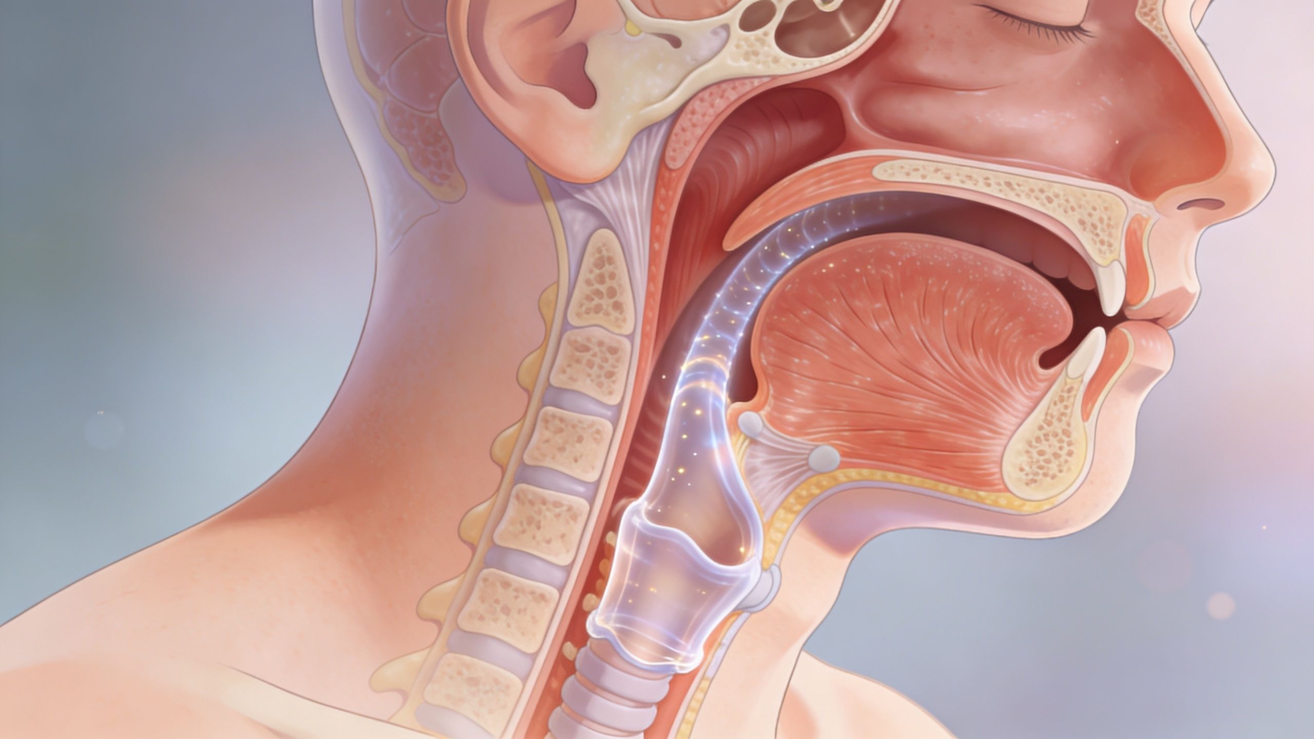 An anatomical illustration showing the human throat and airway structures related to sleep apnea conditions.