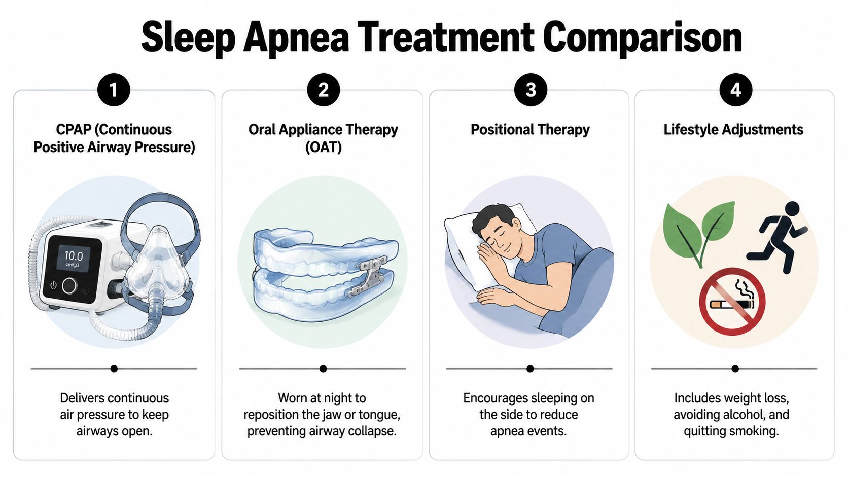 An infographic comparing four common medical treatments for sleep apnea including CPAP, oral appliances, and lifestyle adjustments.