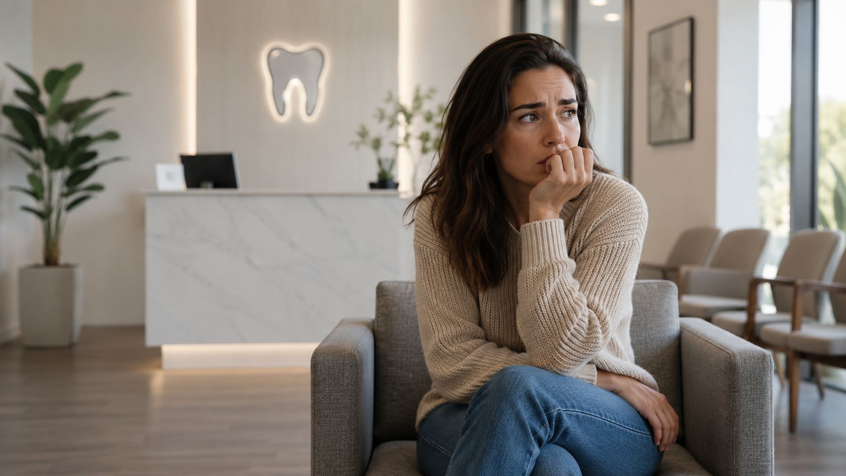 A worried woman sitting in a modern dental office waiting area, looking anxious and biting her nails.