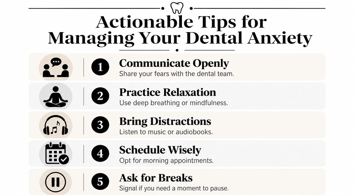 An infographic titled Actionable Tips for Managing Your Dental Anxiety lists five steps for a comfortable visit.