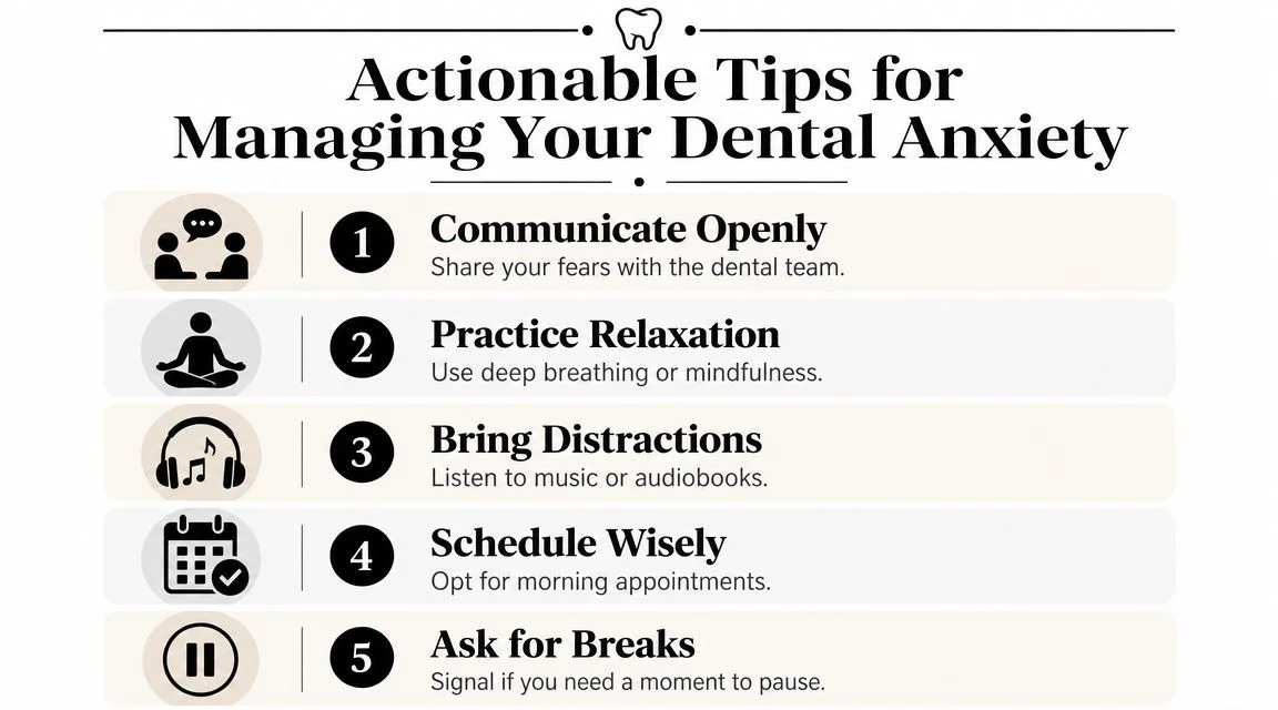 An infographic titled Actionable Tips for Managing Your Dental Anxiety lists five steps for a comfortable visit.