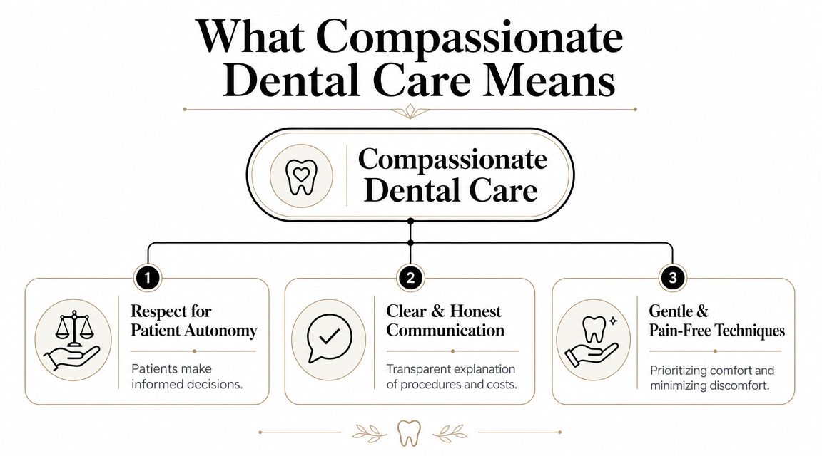 A diagram explaining three core pillars of compassionate dental care including autonomy, communication, and gentle techniques.