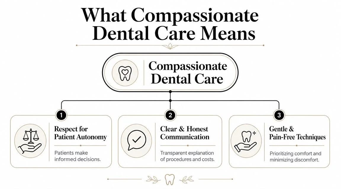 A diagram explaining three core pillars of compassionate dental care including autonomy, communication, and gentle techniques.