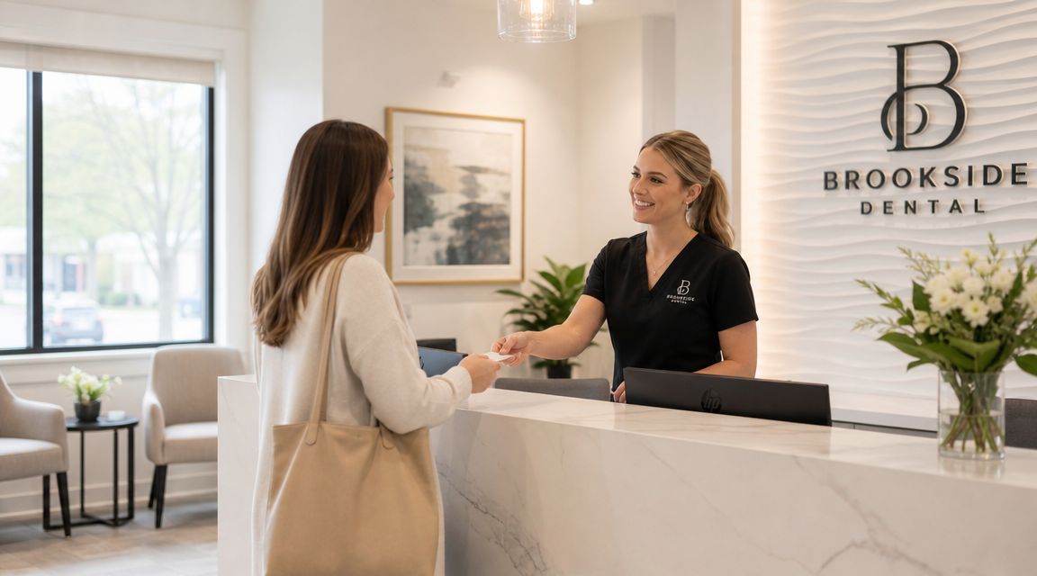 A friendly receptionist hands a patient a business card at a modern, bright Brookside Dental office front desk.