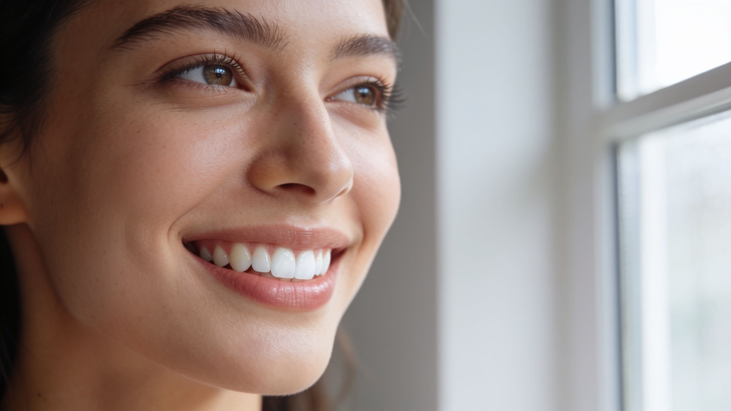 A close-up portrait of a woman with a beautiful, bright smile looking out a window.