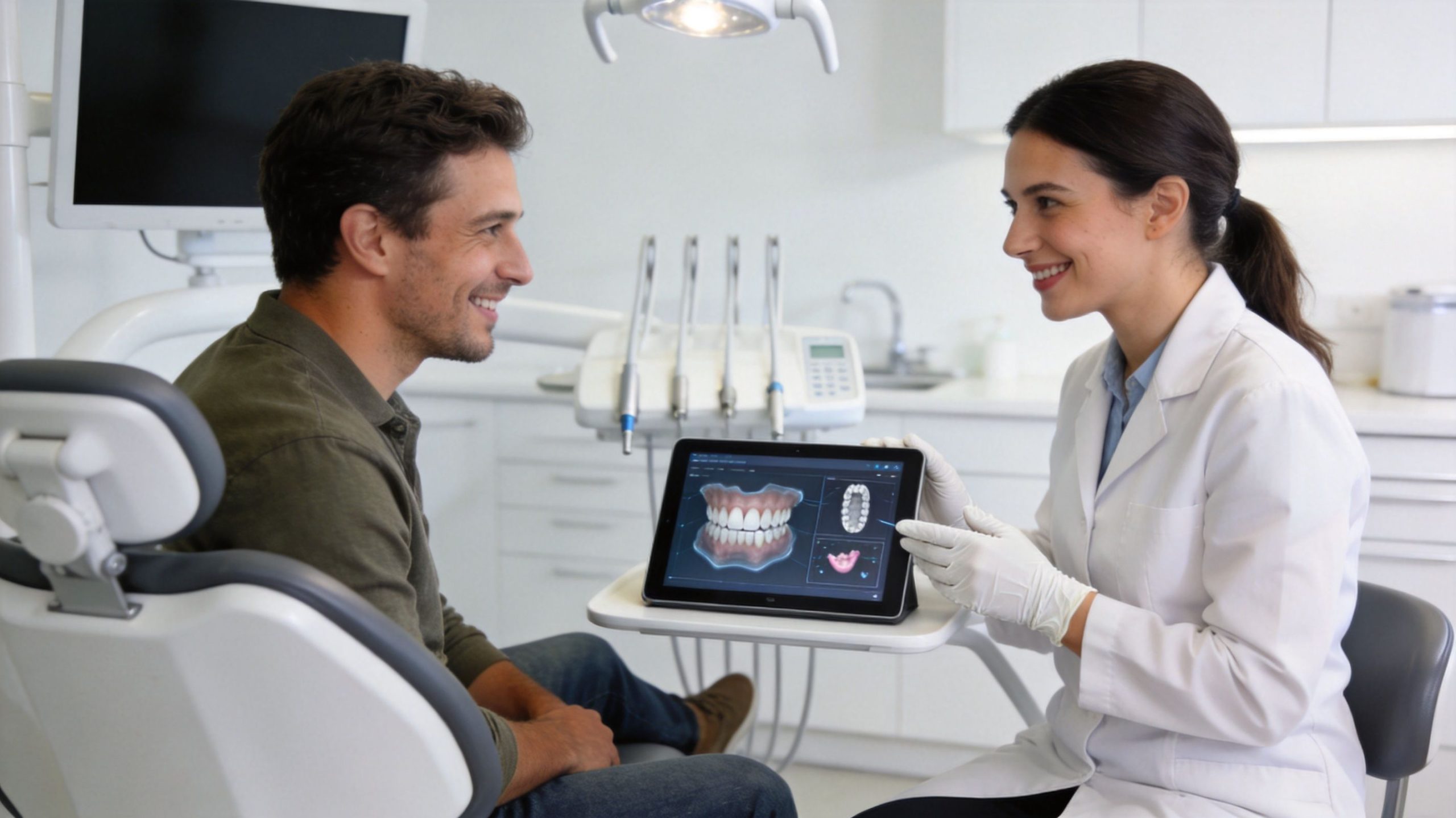A friendly female dentist explains digital dental scan results to a patient on a tablet in clinic.